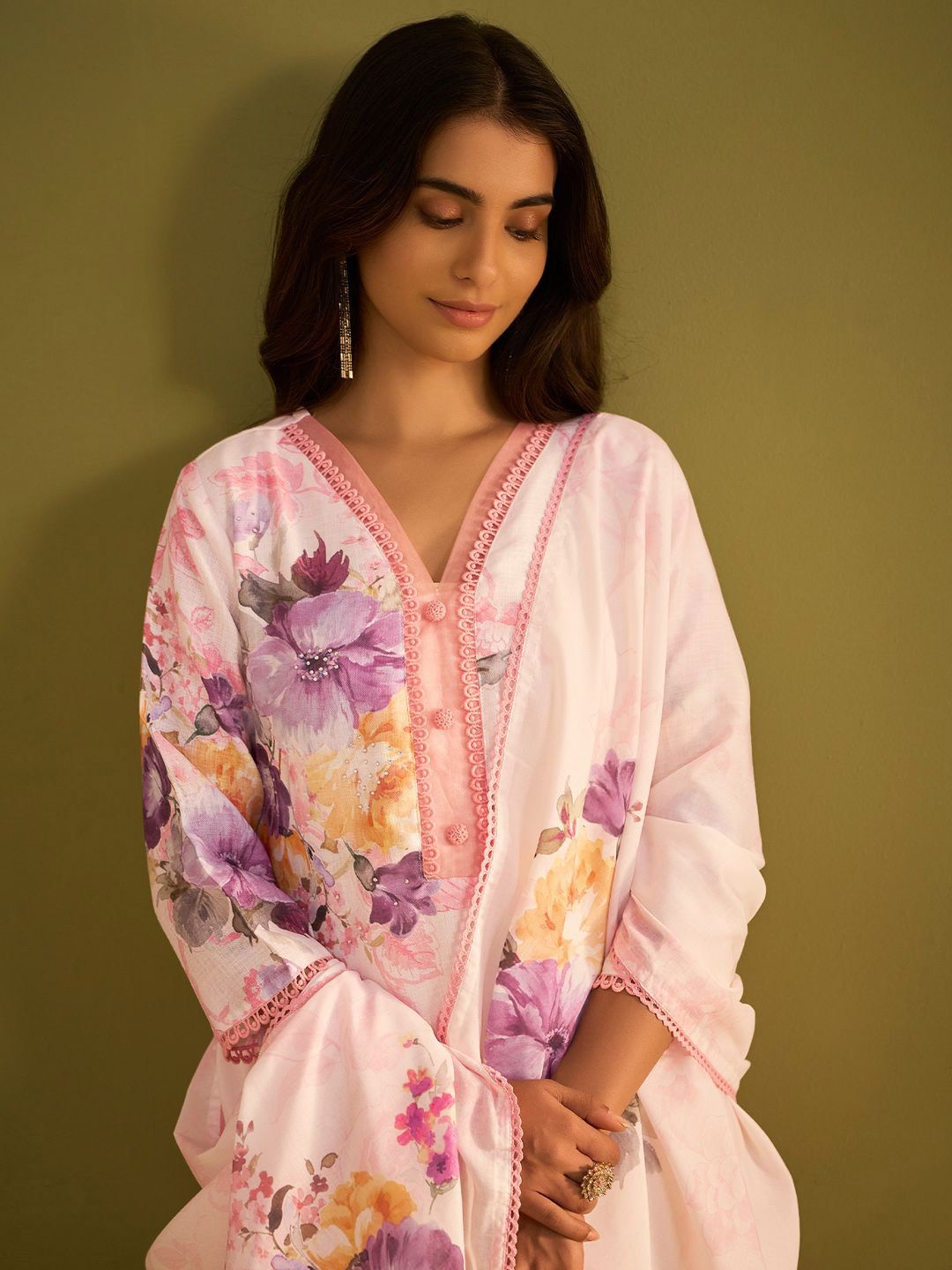 Indo Era Floral Printed V Neck Linen Kurta With Trousers & Dupatta