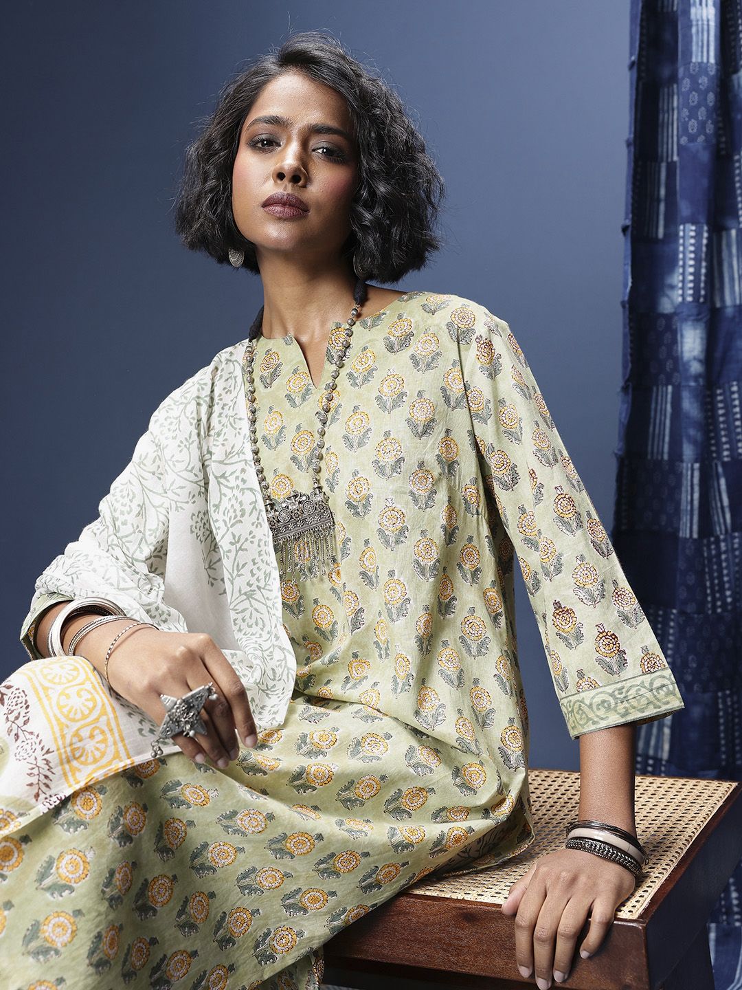 Taavi Floral Printed Regular Pure Cotton Block Print Legacy Kurta with Trousers & Dupatta