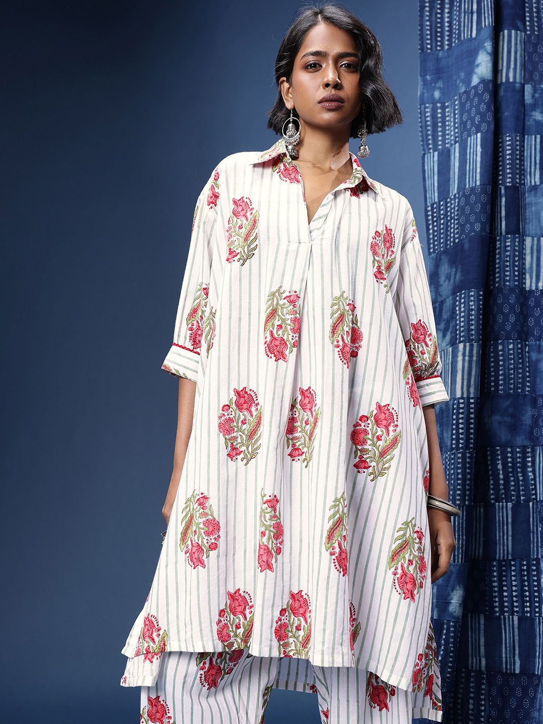 Taavi Sanganeri Folk Floral Printed Pure Cotton A-Line Kurta With Trousers-picture-41