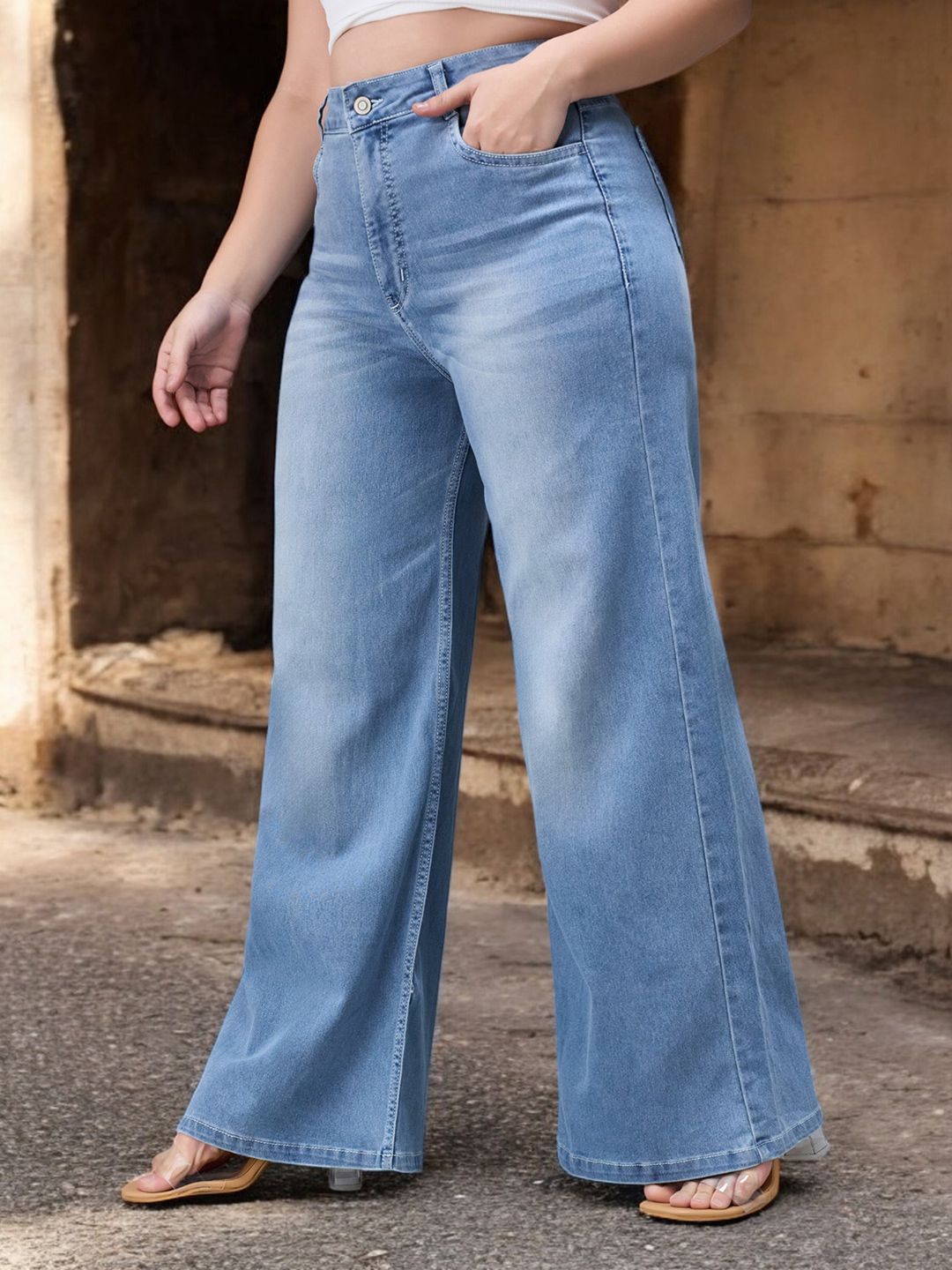 Miss Chase A+ Women Wide Leg High-Rise Light Fade Stretchable Jeans