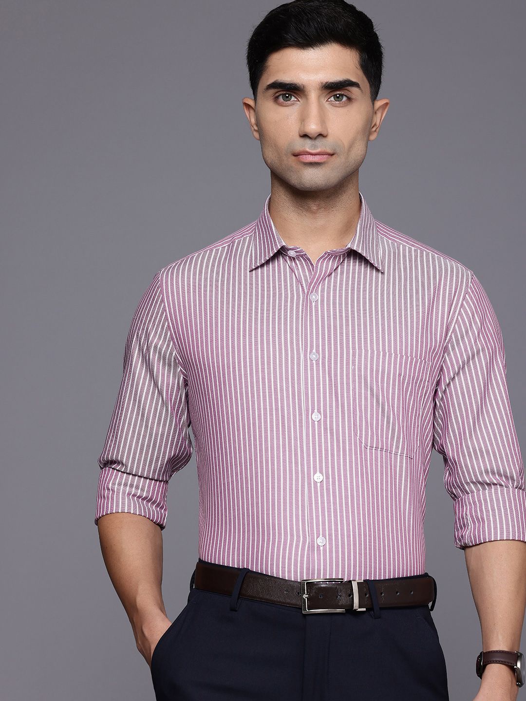 Louis Philippe Slim Fit Opaque Striped Pure Cotton Formal Shirt