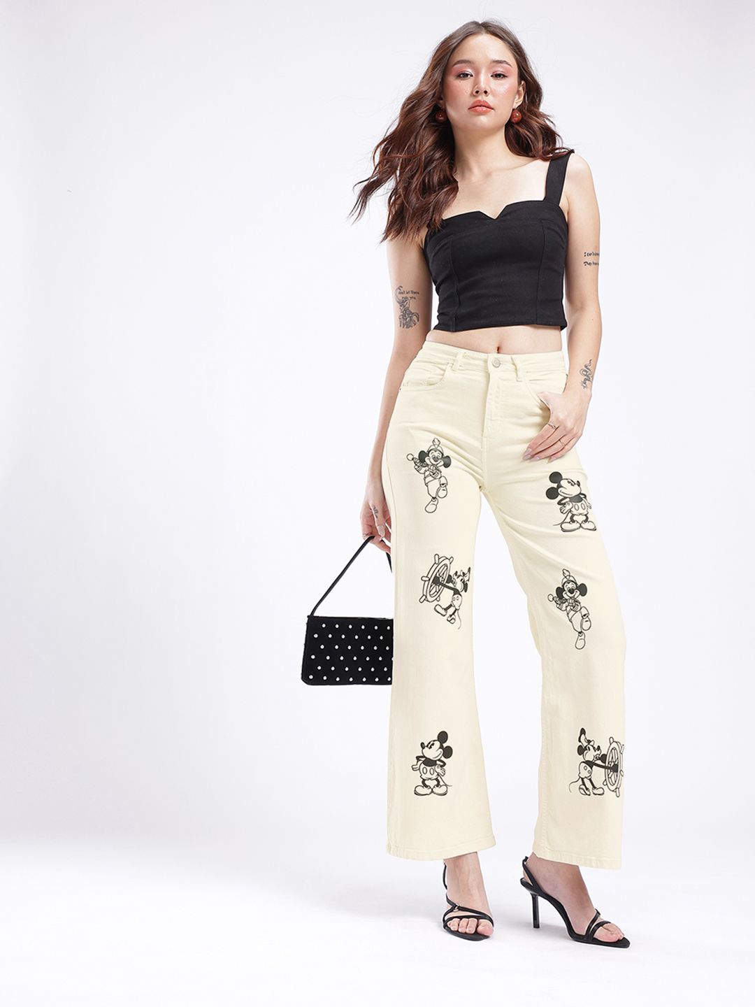 Buy glitchez Women Wide Leg Mickey Mouse Printed Jeans - Jeans for