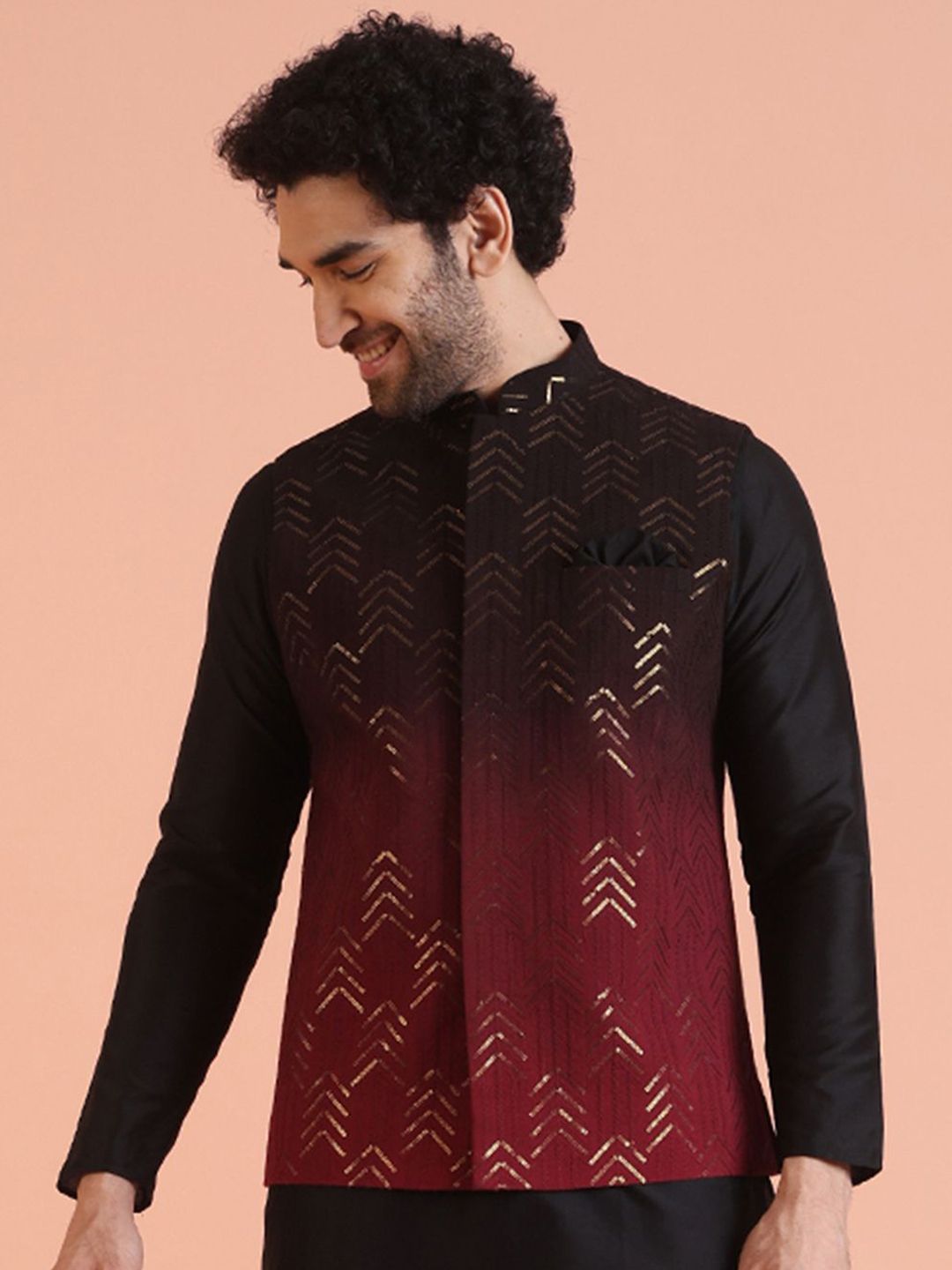 KISAH Sequin Embellished Nehru Jacket With Pocket Square-picture-28