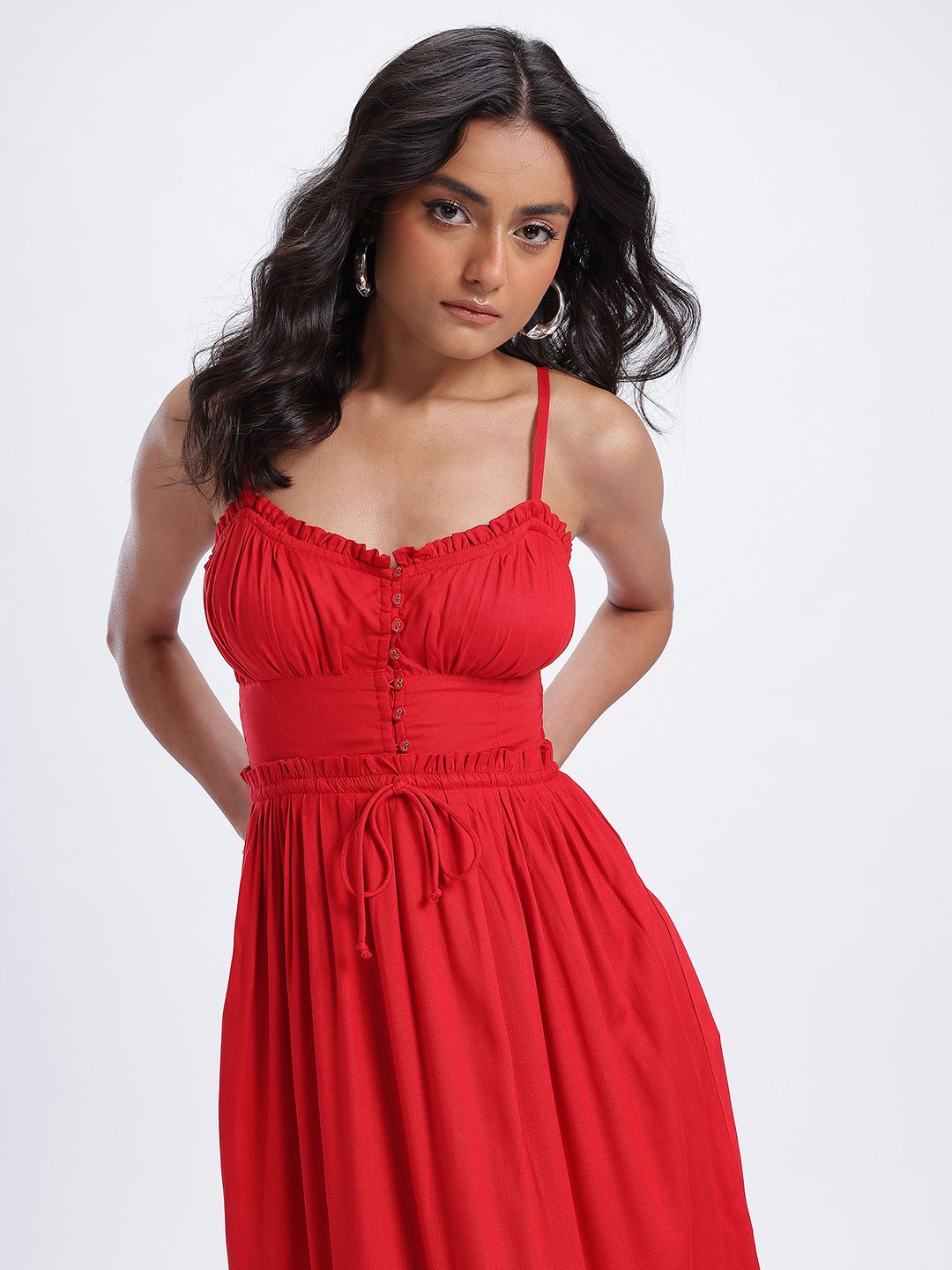 glitchez Shoulder Straps Smocked Gathered and Pleated Empire Midi Dress-picture-13