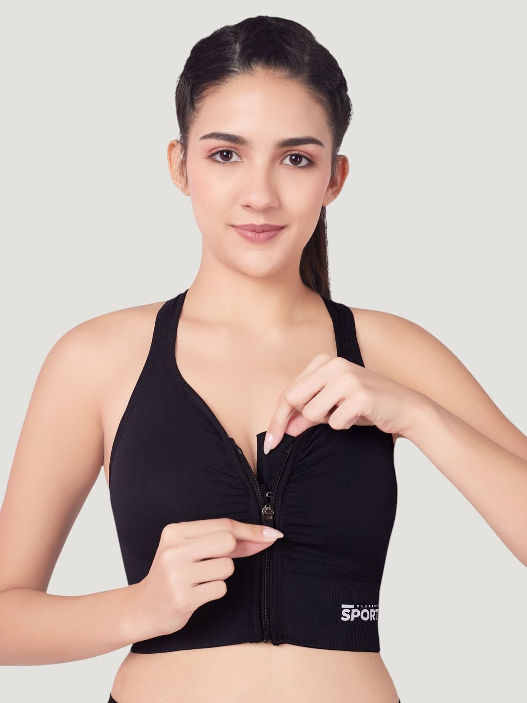 PLUMBURY Full Coverage Front Zip Lightly Padded Rapid Dry Workout Sports Bra