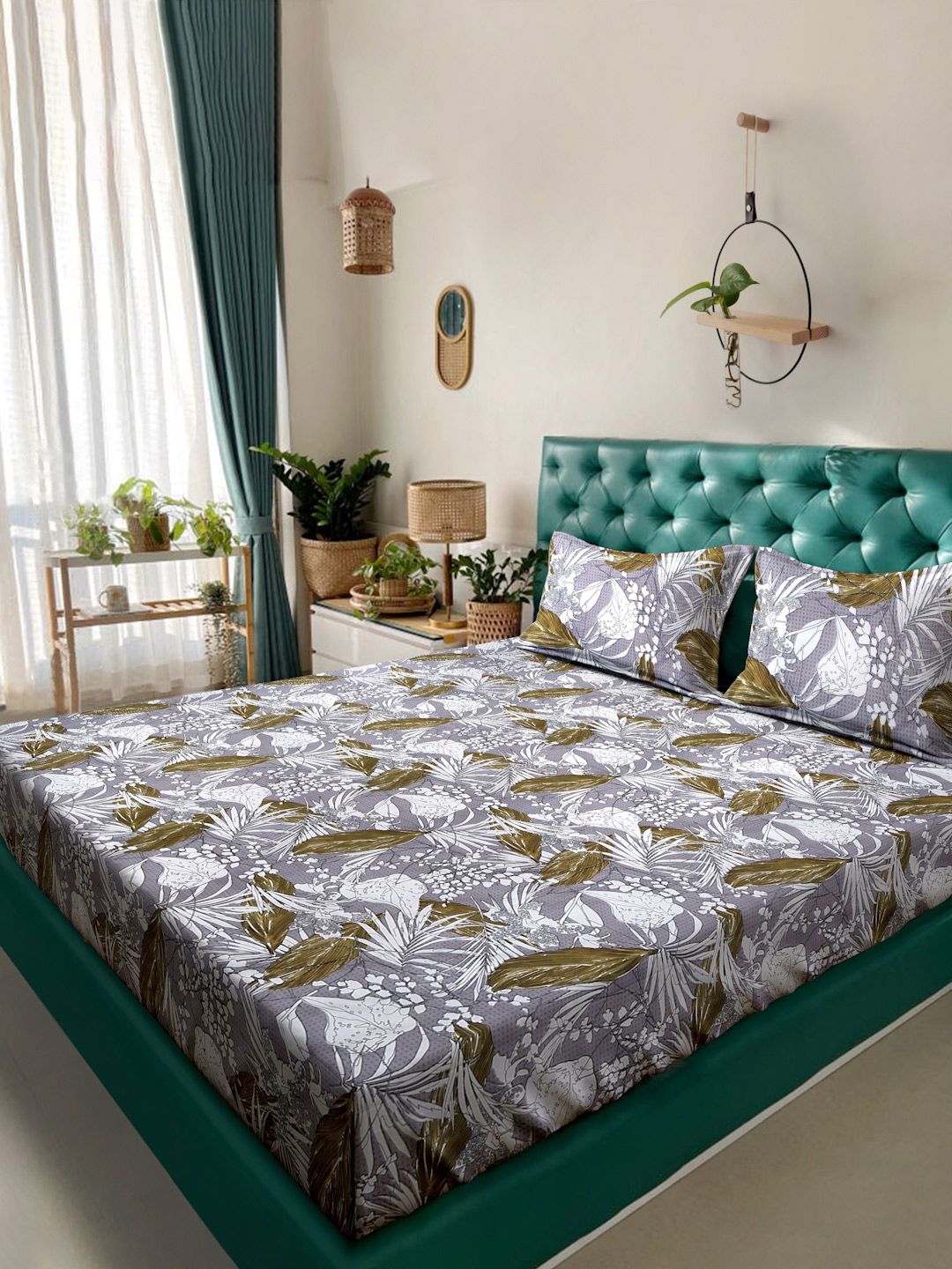 Myntra Elegant Homes Green & White Printed 300TC King Bedsheet Set 2.70 m x 2.70 m-picture-26