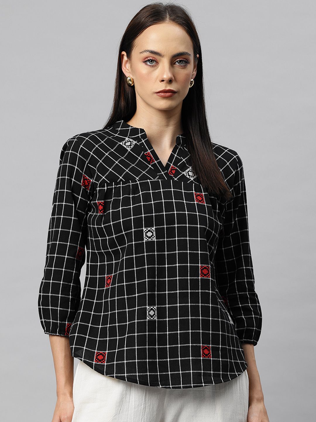 Cottinfab Checked Mandarin Collar Puff Sleeve Pure Cotton Top-image-45