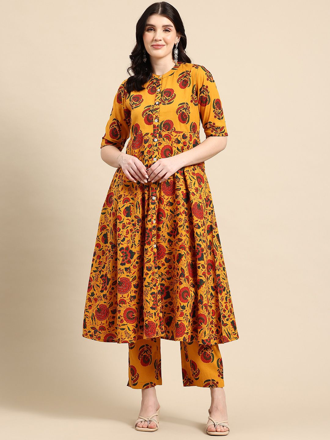 A&K Women Floral Printed Pleated Pure Cotton Kurta with Trousers