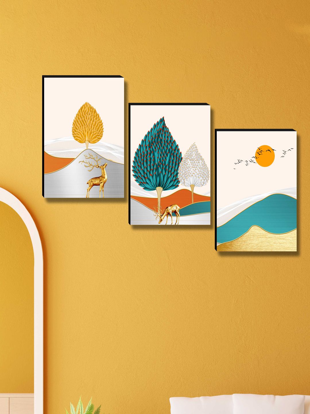 Myntra Elegant Homes Blue & White 3 Pieces Birds and Animals Tree & Deer Wall Art-picture-31