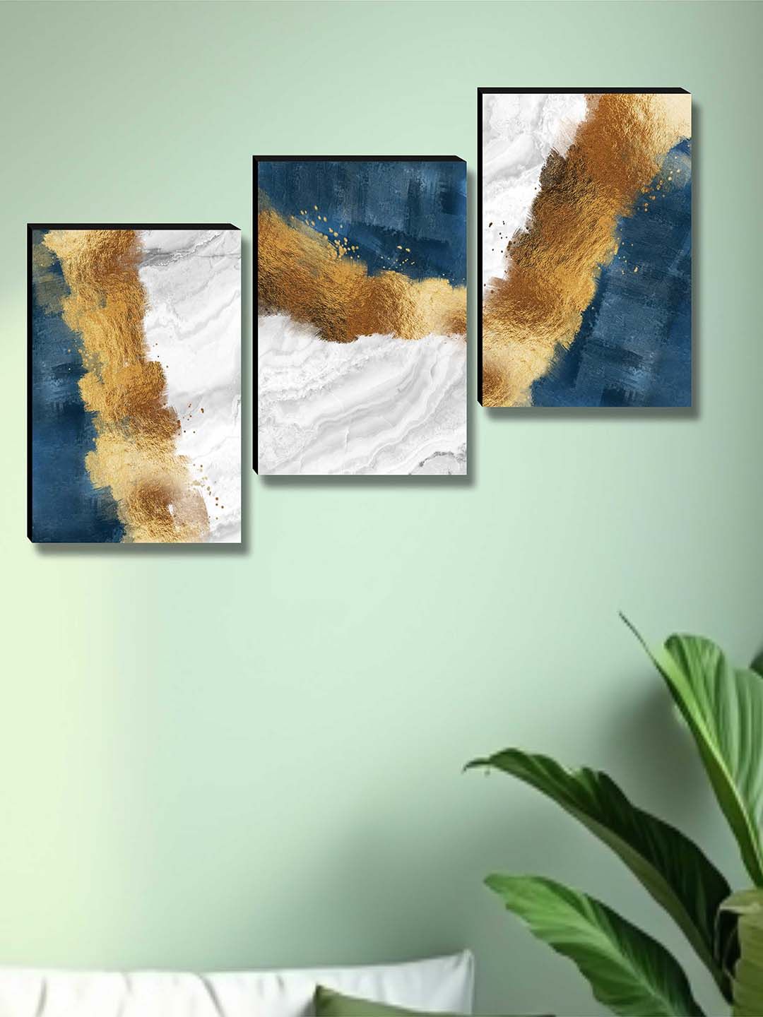 Myntra Elegant Homes Teal & Gold-Toned 3 Pieces Abstract Wall Paintings-picture-18