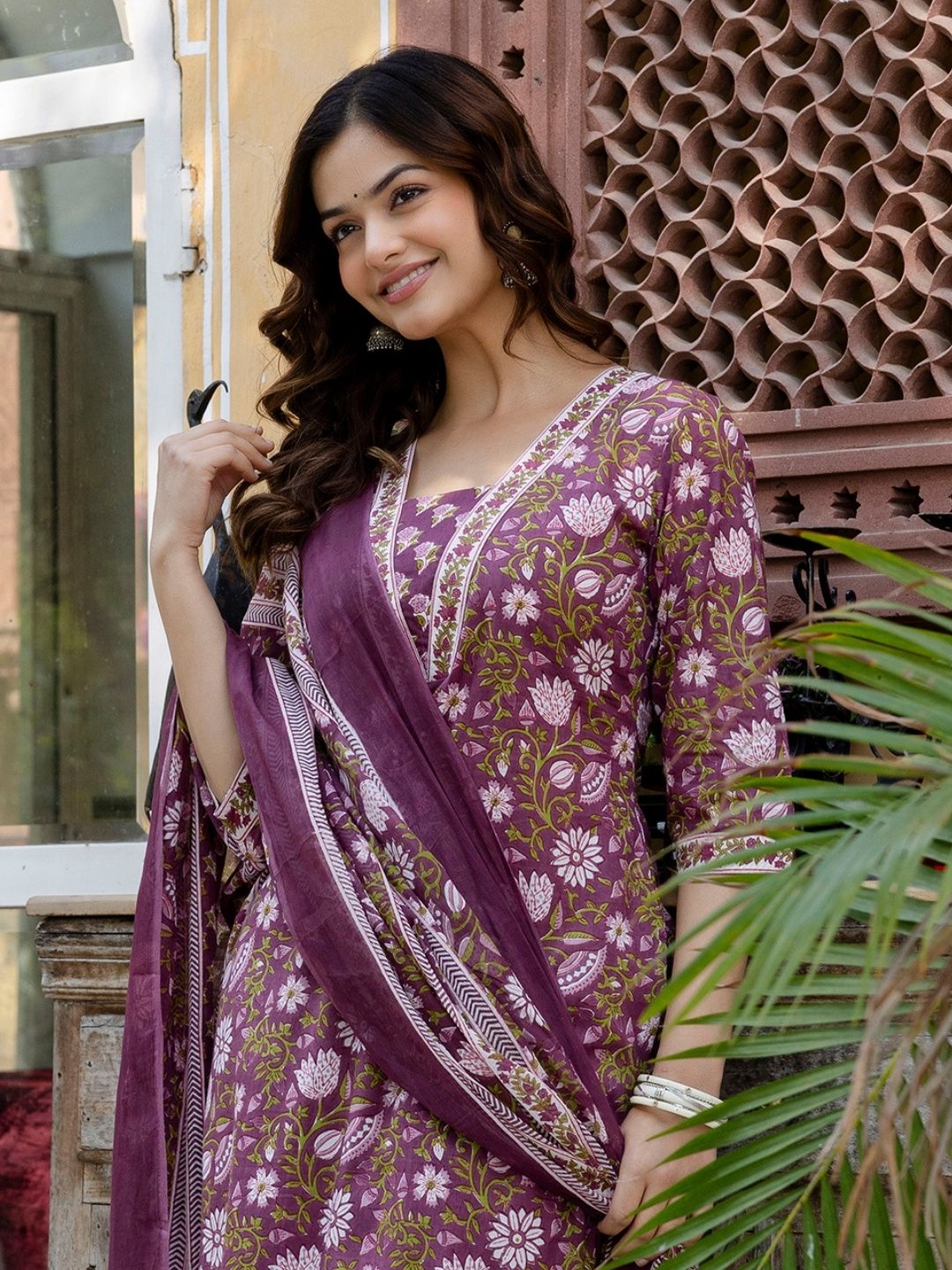 Ginni Arora Label Floral Printed Square Neck Pure Cotton Kurta With Trousers & Dupatta