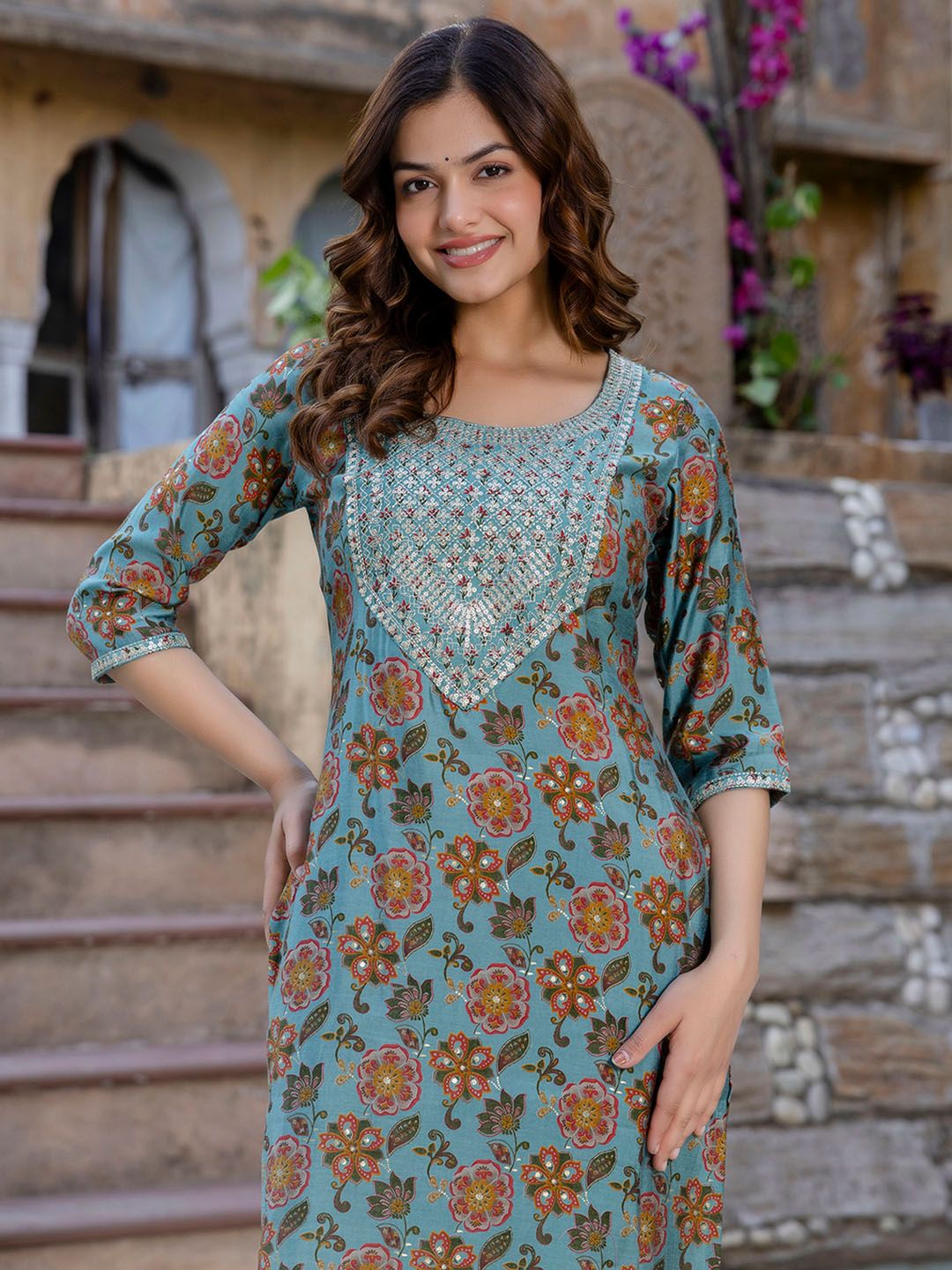 Ginni Arora Label Floral Printed Sequinned Chanderi Silk Kurta With Trousers
