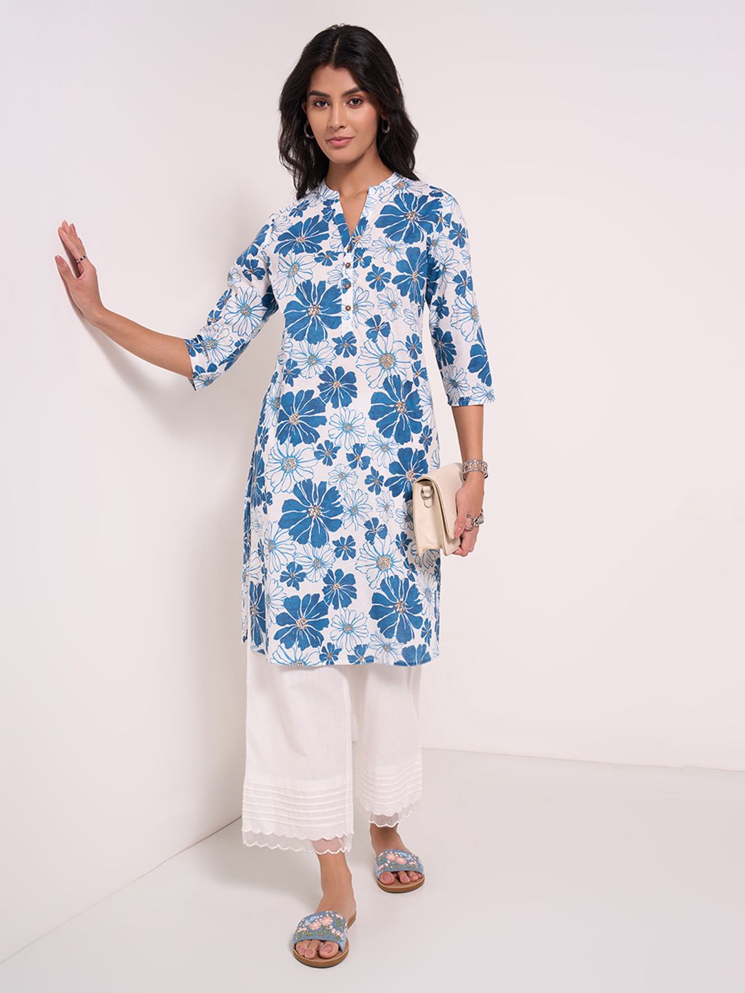 RANGMANCH BY PANTALOONS Floral Printed Thread Work Cotton Mandarin Collar Straight Kurta-picture-34