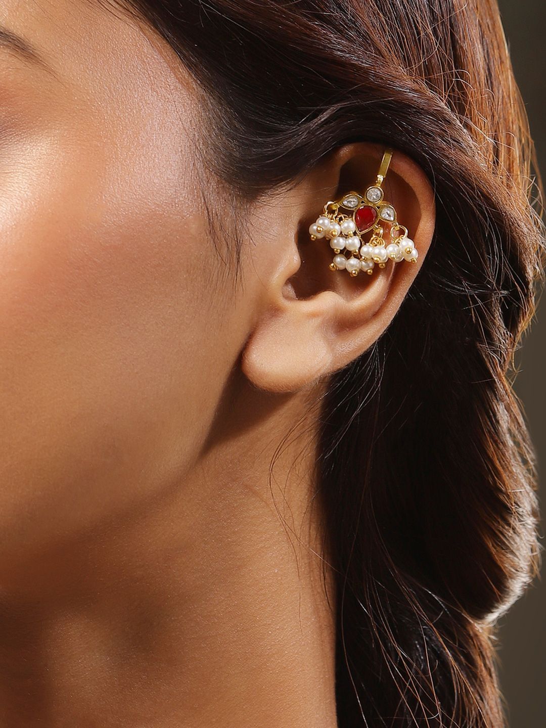 Rubans 22K Gold-Plated Ruby Pink & White Kundan Handcrafted Ear Cuff with Pearl Beads-image-28