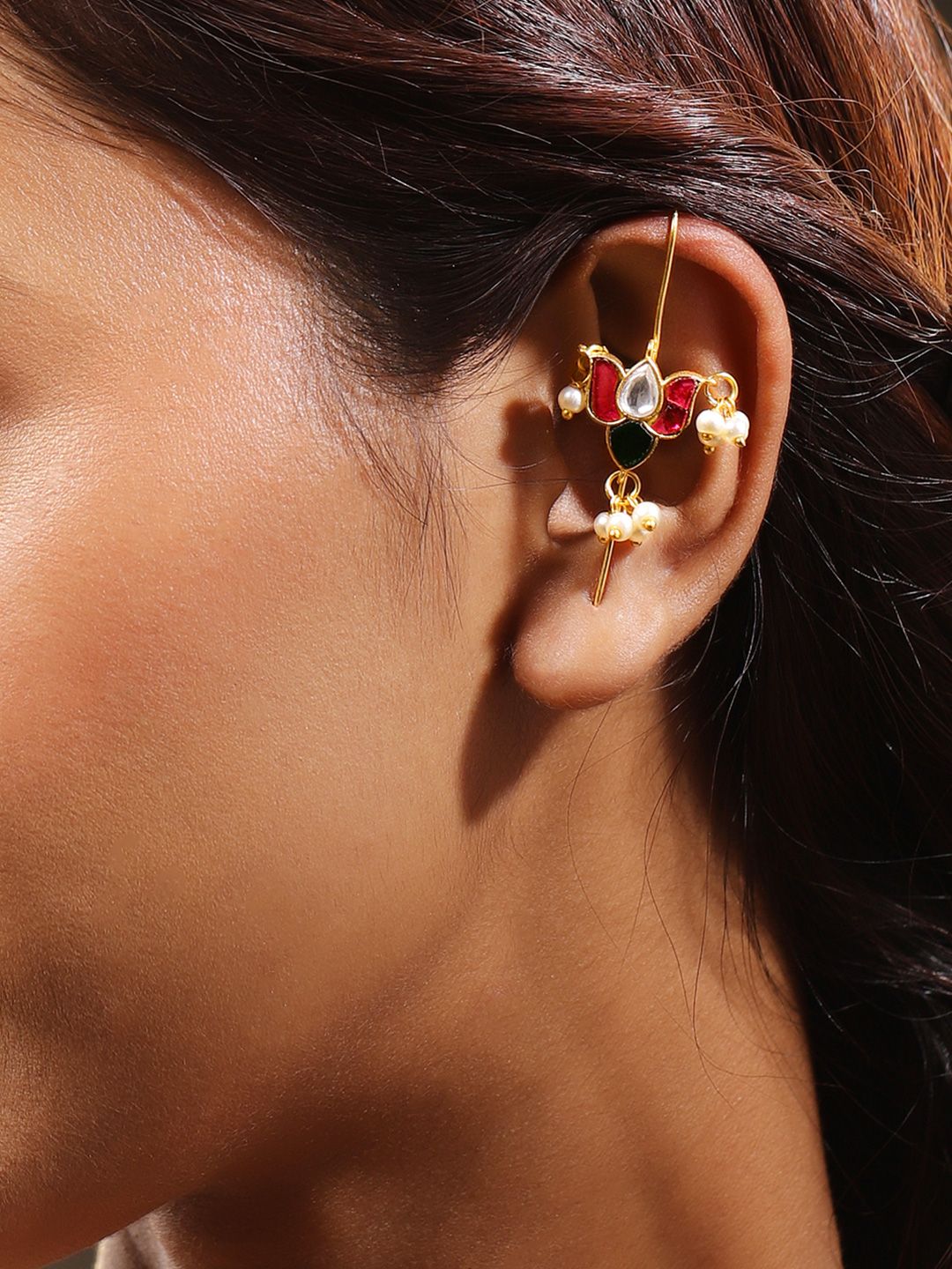 Rubans 22K Gold-Plated Ruby Pink & White Kundan Lotus Design Ear Cuff with Pearl Beads-picture-33