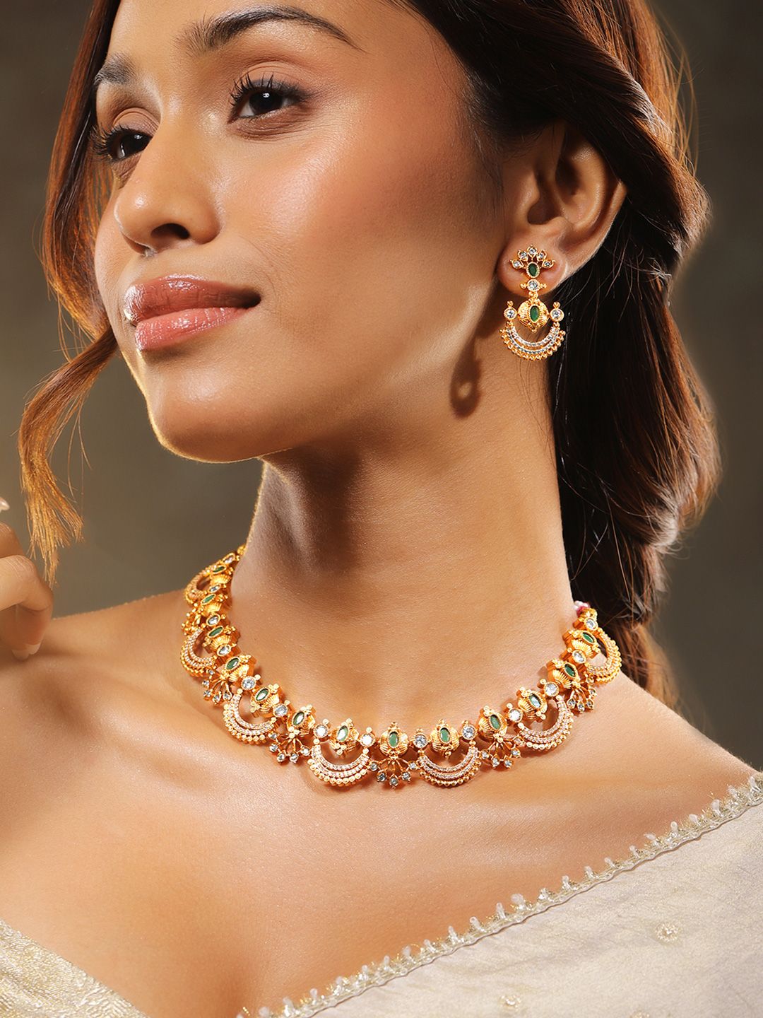Rubans 24K Gold-Plated Emerald Green, White Cubic Zirconia & Pearl Beaded Jewellery Set-picture-24