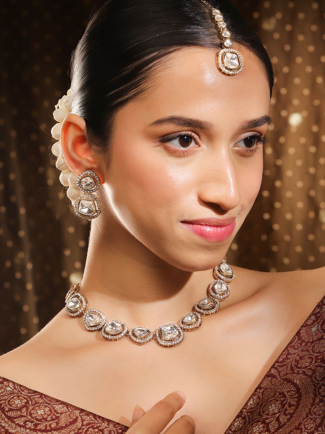 Rubans 22K Gold Plated White Cubic Zirconia Studded Necklace With Earrings & Maangtikka-picture-28