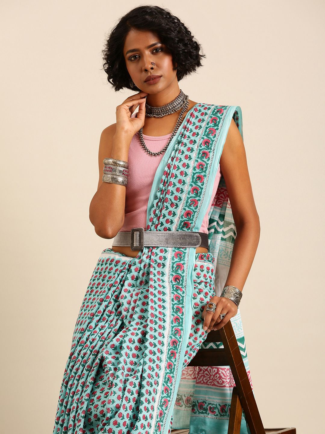 Taavi Floral Pure Cotton Hand Block Print Saree-image-21