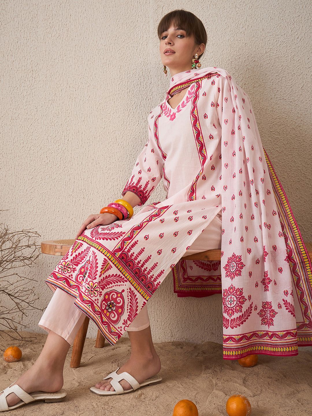 Indo Era Floral Printed V-Neck Pure Cotton Straight Kurta With Trousers & Dupatta