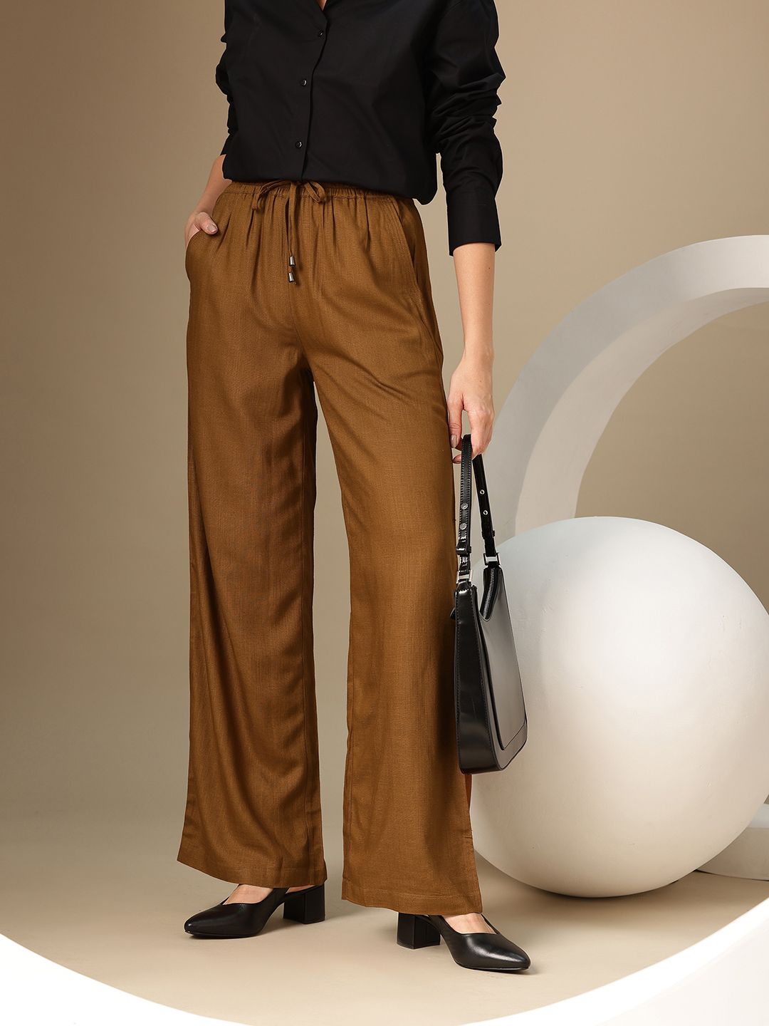 Chemistry Women Linen Cotton Loose Fit Pleated Trousers-picture-28
