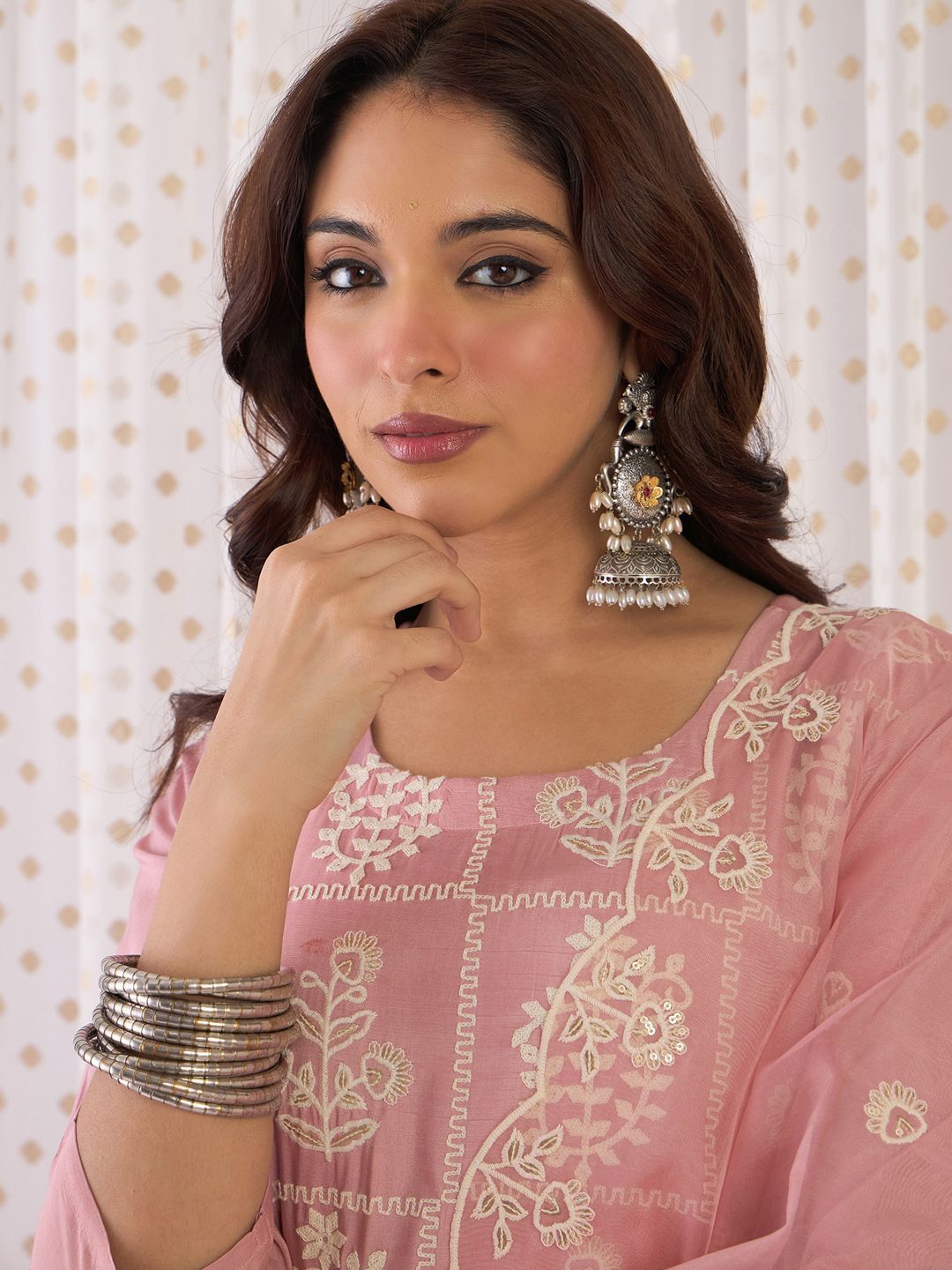 Indo Era Floral Embroidered Thread Work Straight Kurta With Trouser And Dupatta