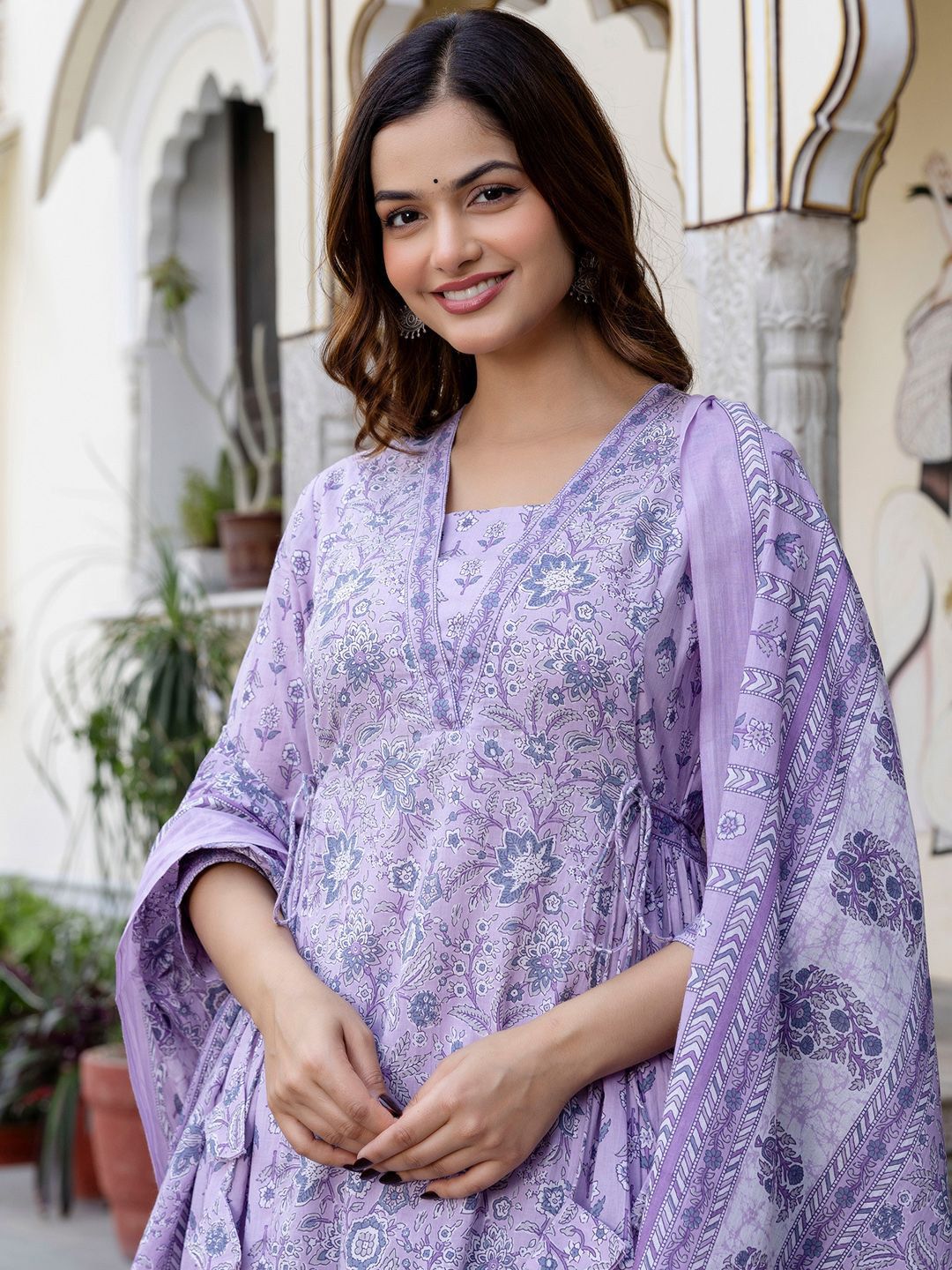 Indo Era Floral Printed Panelled Square Neck Pure Cotton Kurta With Trousers & Dupatta-picture-23