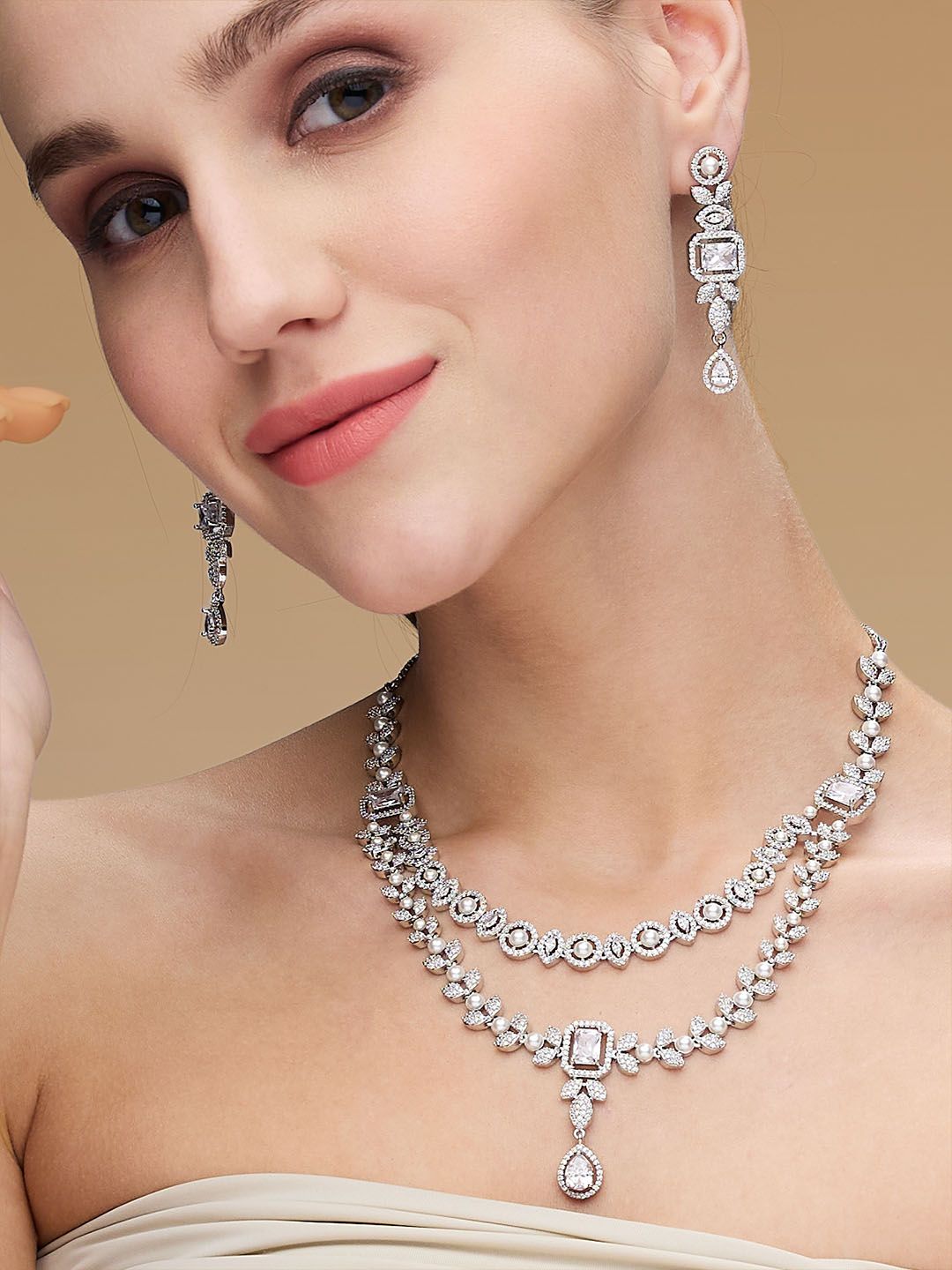 ASMITTA JEWELLERY Rhodium-Plated Cubic Zirconia-Studded Double Layered Jewellery Set-picture-48