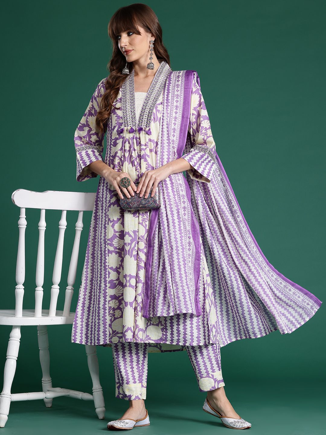 Indo Era Floral Printed Panelled Mirror Work Pure Cotton Kurta With Trousers & Dupatta