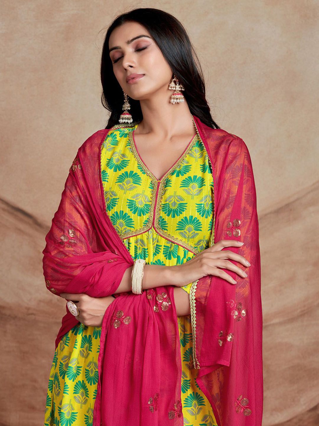 Sangria Floral Printed Lace Work A-Line Kurta & Trousers With Dupatta