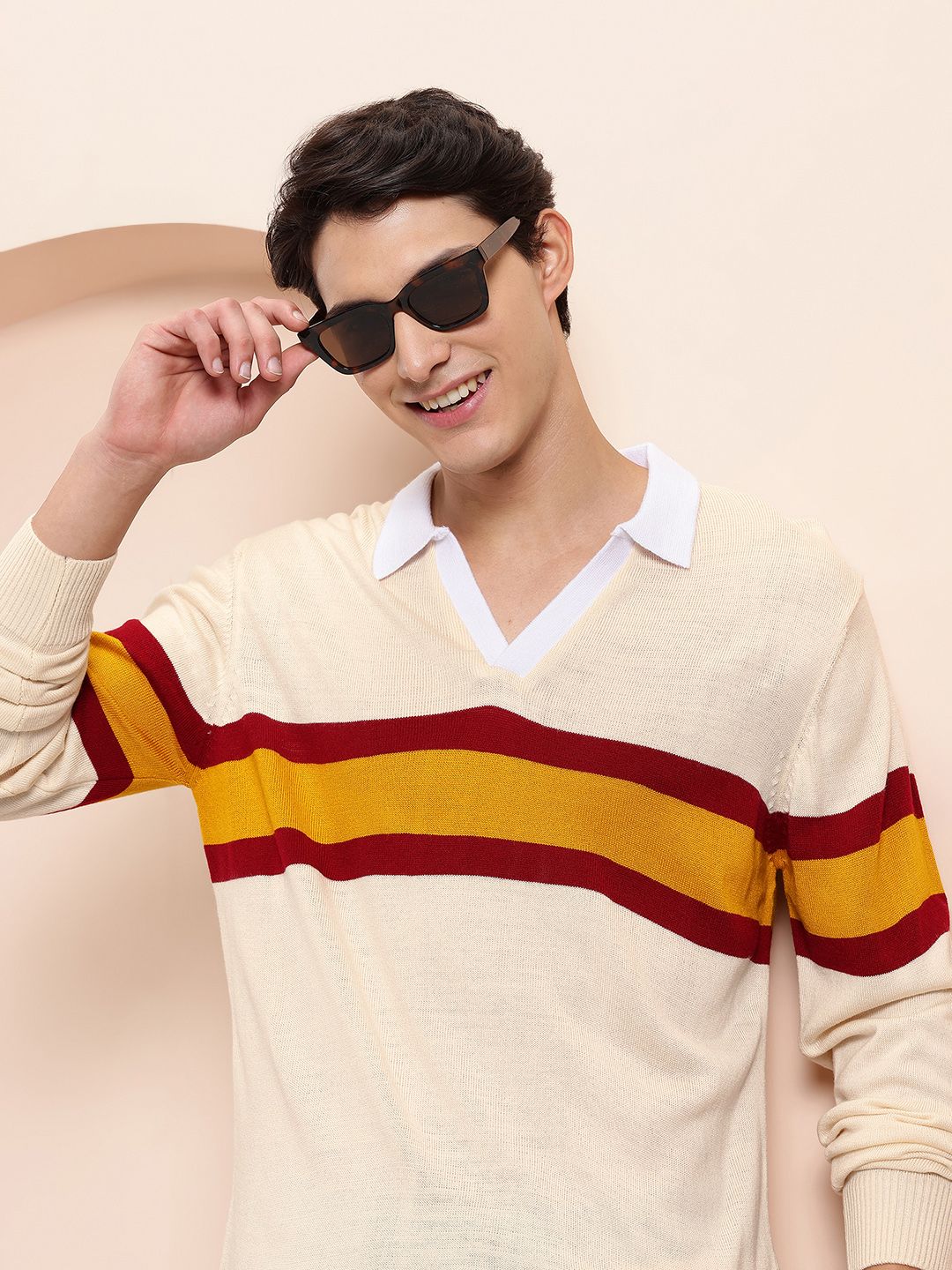 Mast & Harbour Horizontally Self-Striped Shirt Collar Acrylic Pullover-picture-34