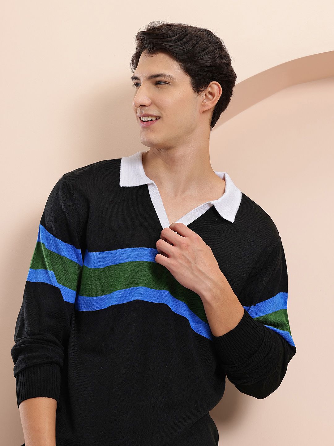 Mast & Harbour Horizontally Self-Striped Shirt Collar Acrylic Pullover-picture-23