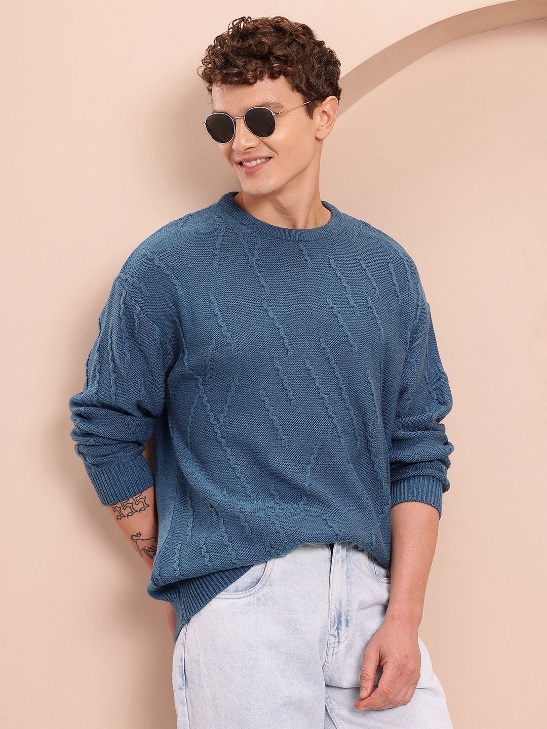 Mast & Harbour Geometric Self Design Pullover-image-36