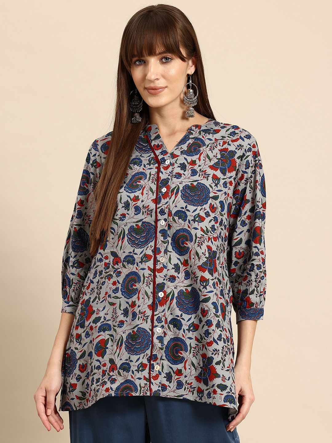 A&K Floral Print Mandarin Collar Cotton Top-picture-12