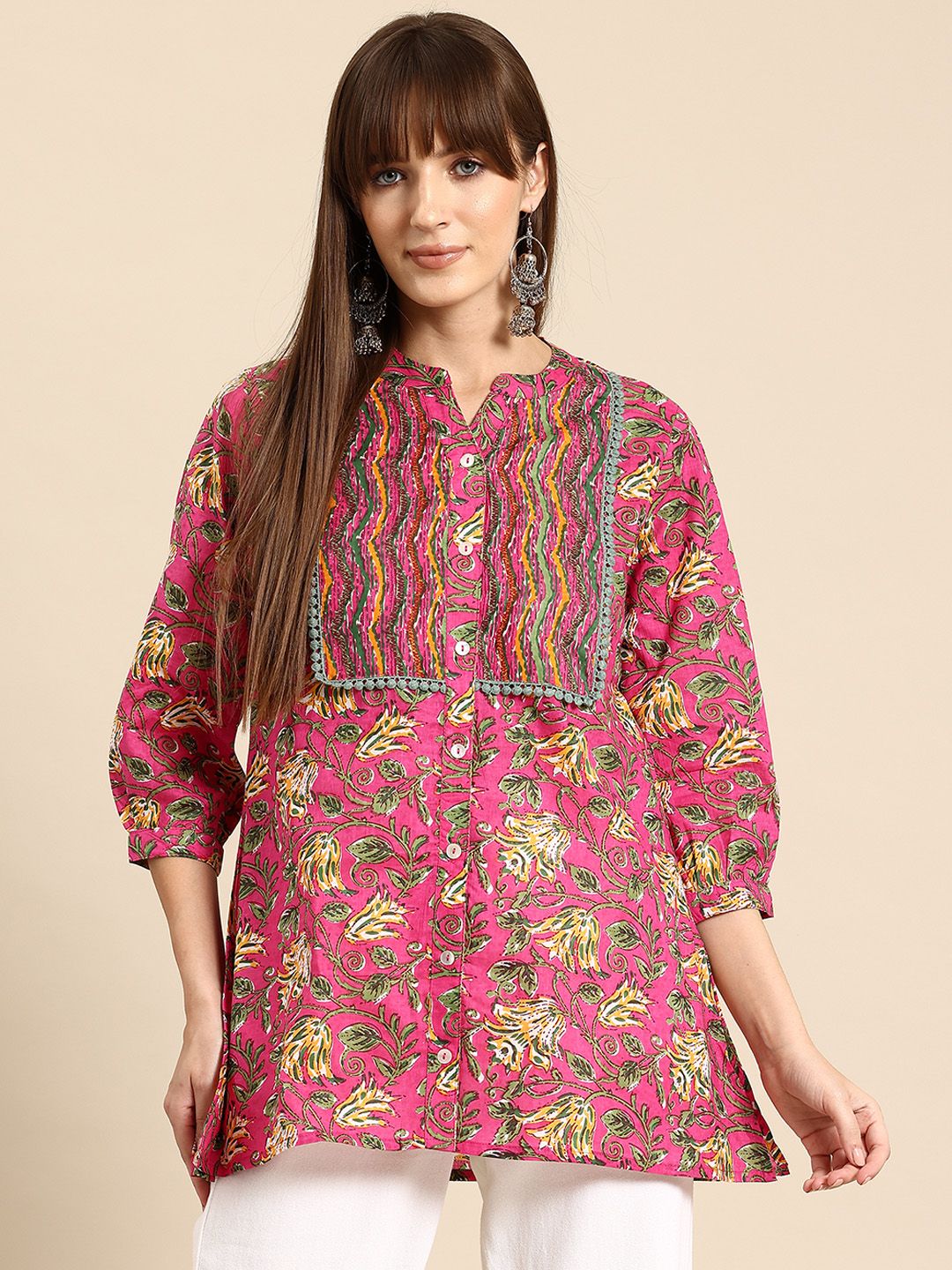 A&K Floral Print Mandarin Collar Cotton Top-picture-13