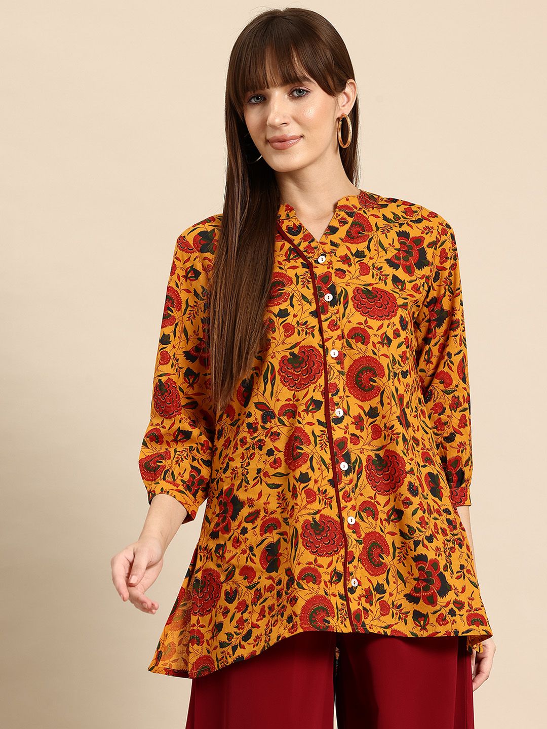 A&K Floral Print Mandarin Collar Cotton Top-picture-14
