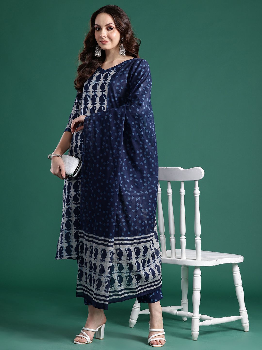 Indo Era Paisley Printed Pure Cotton Kurta With Trousers & Dupatta