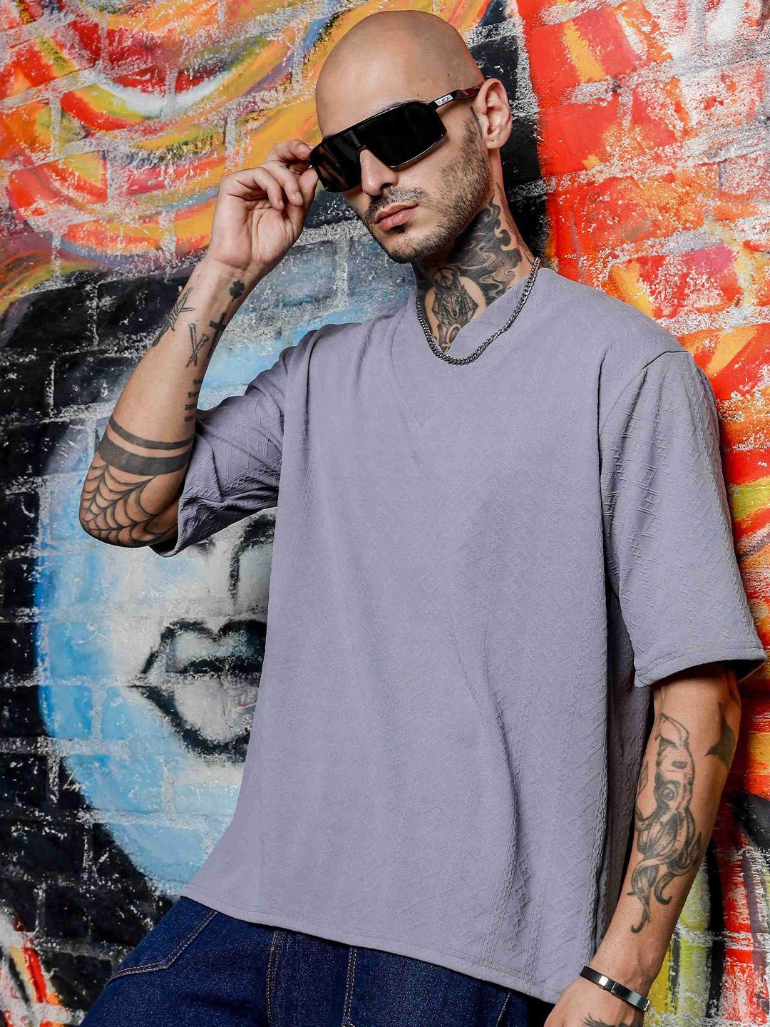 House of Koala Unisex Textured Oversized V-Neck T-shirt-picture-37