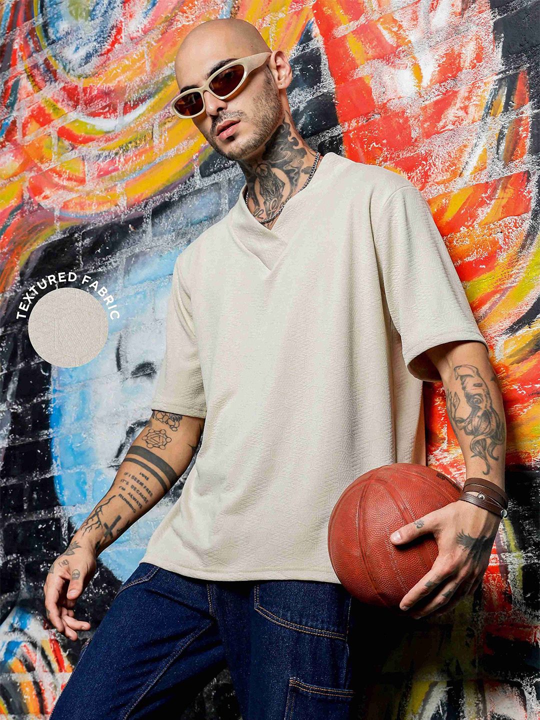 House of Koala Unisex Textured Oversized V-Neck T-shirt-picture-33