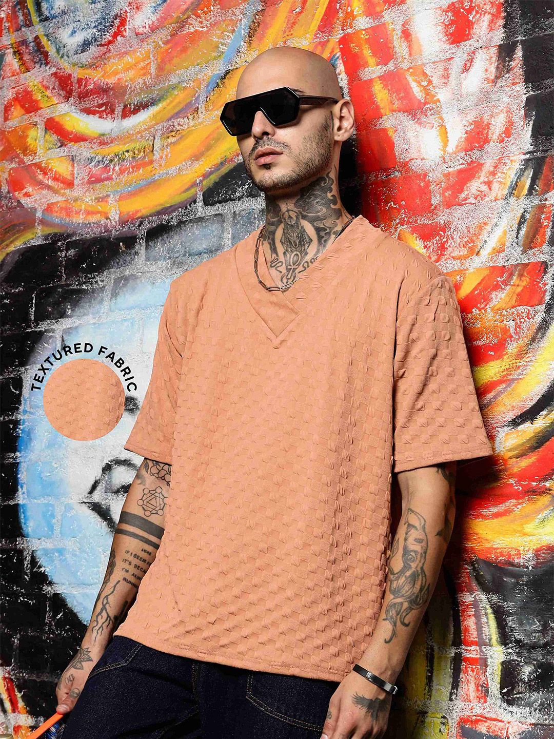 House of Koala Unisex Textured Oversized V-Neck T-shirt-picture-22