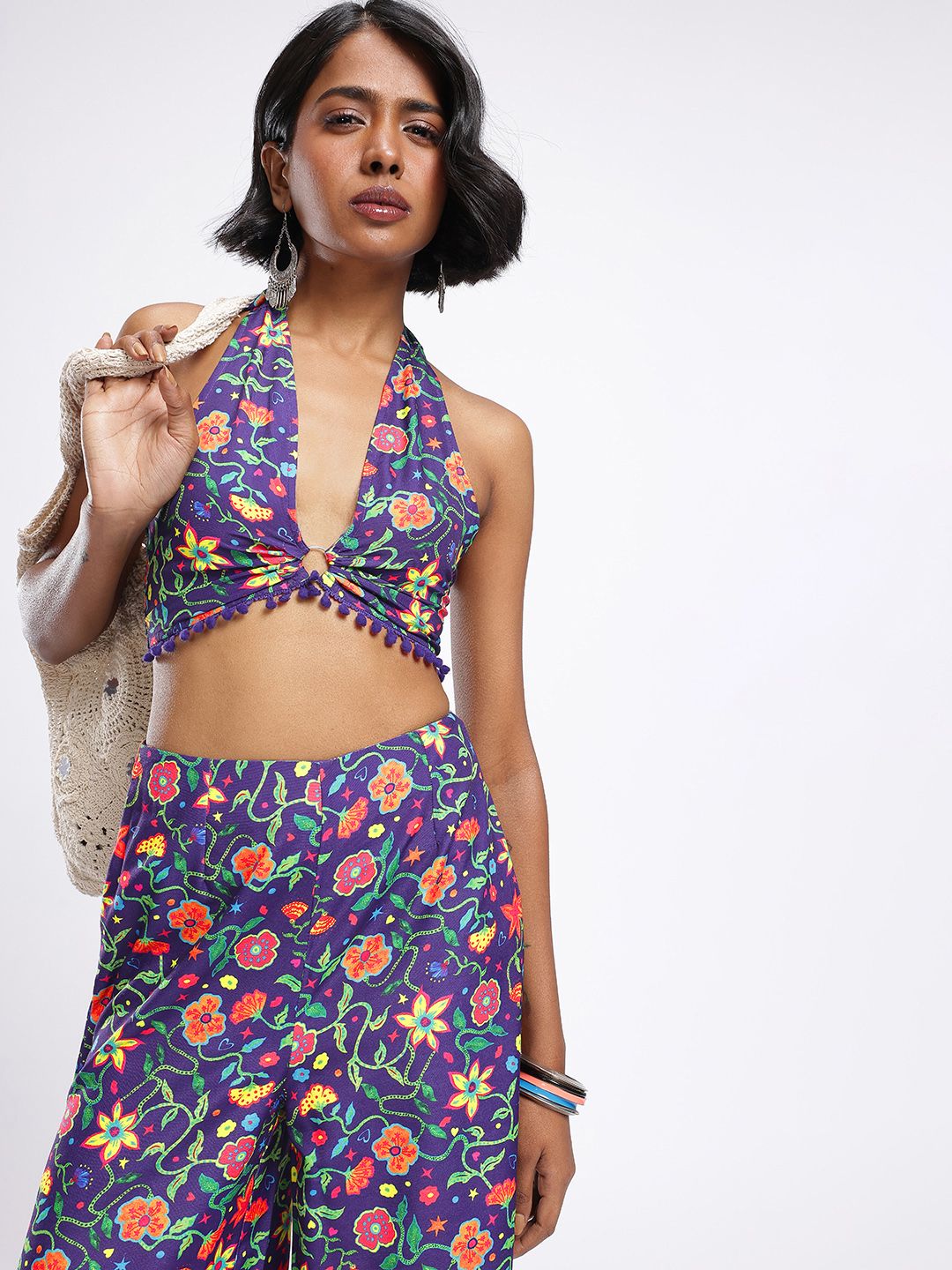 glitchez Floral Printed Halter Neck Smocked & Pom Pom Detail Crop Top With Trousers-picture-14
