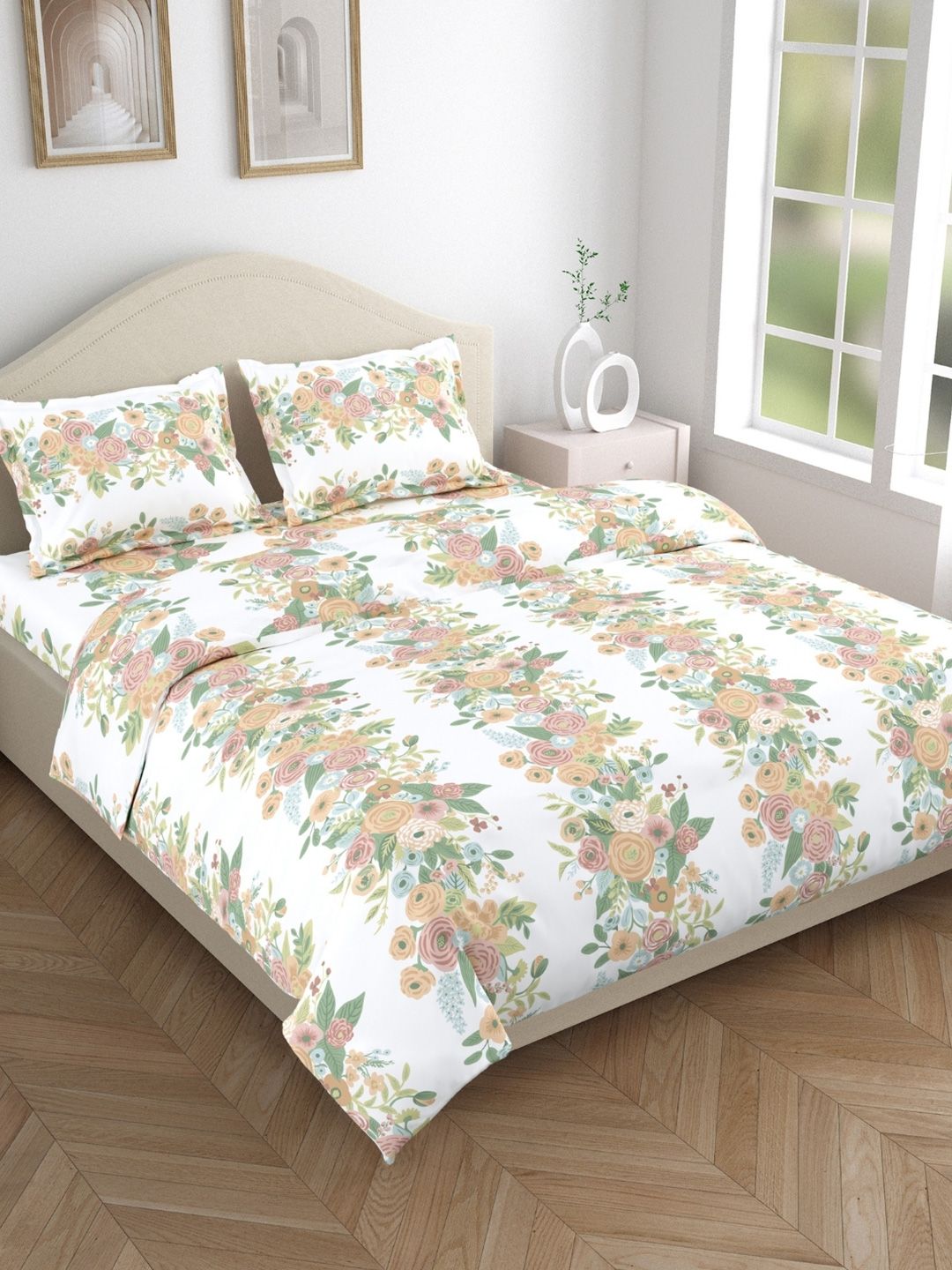 haus & kinder White & Peach Printed 144 TC Cotton King Bedsheet Set 2.75 m x 2.75 m-picture-55