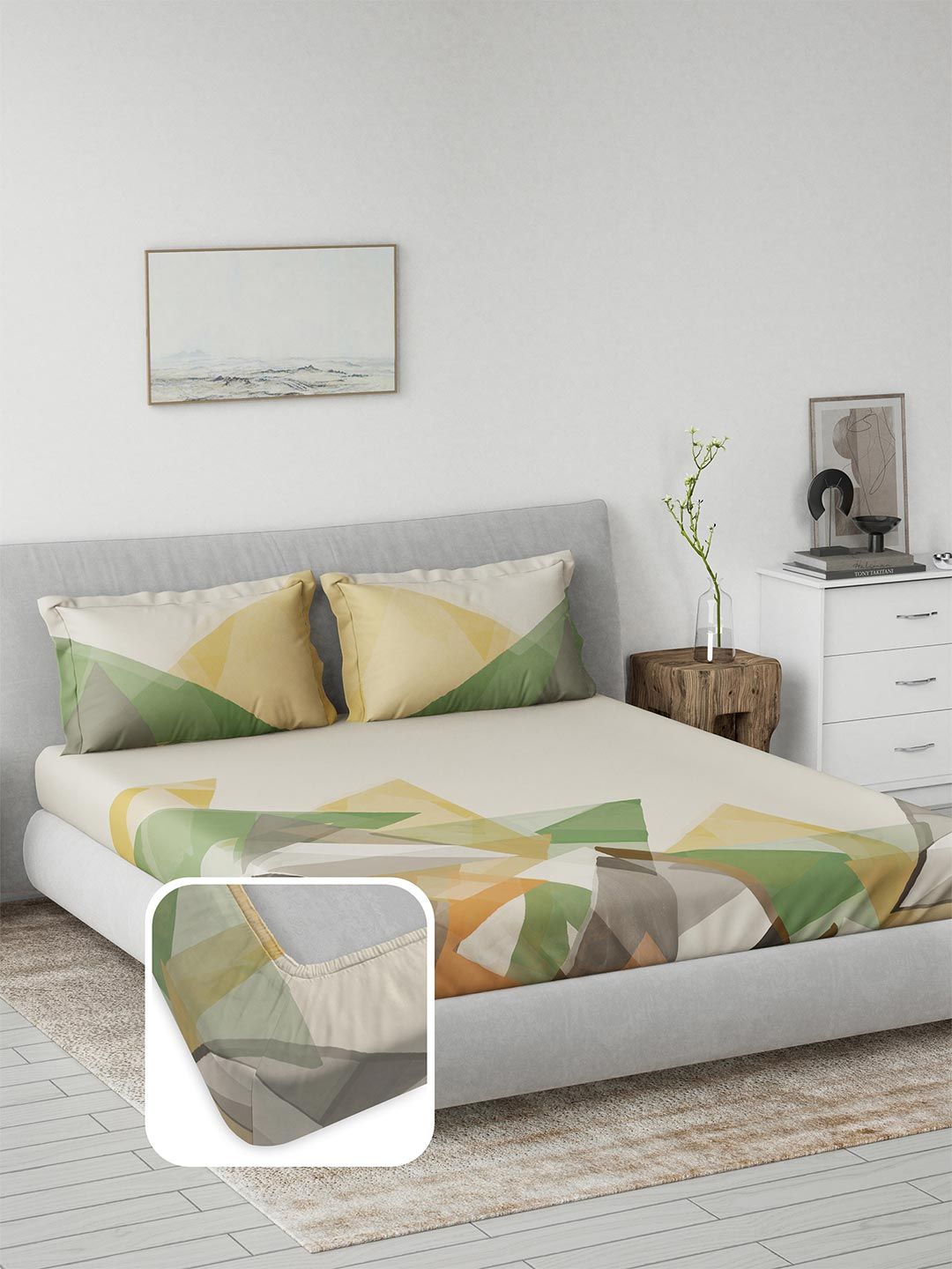 DDecor Green Geometric Printed Cotton Fitted 145 TC King Bedsheet Set 1.82 m X 1.98 m-image-49