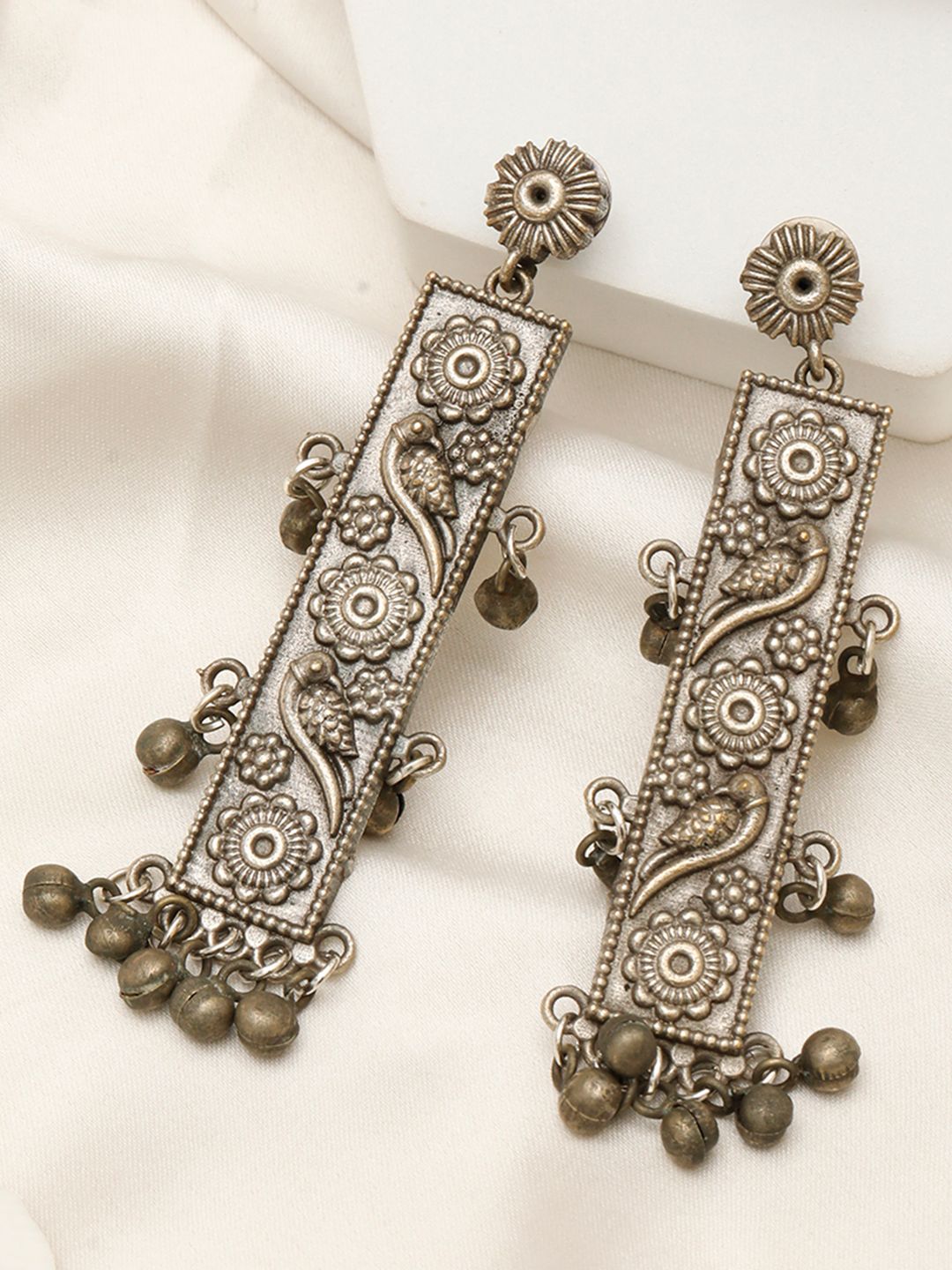 VIVAZS Silver-Plated Artificial Beaded Contemporary Oxidised Drop Earrings-picture-29