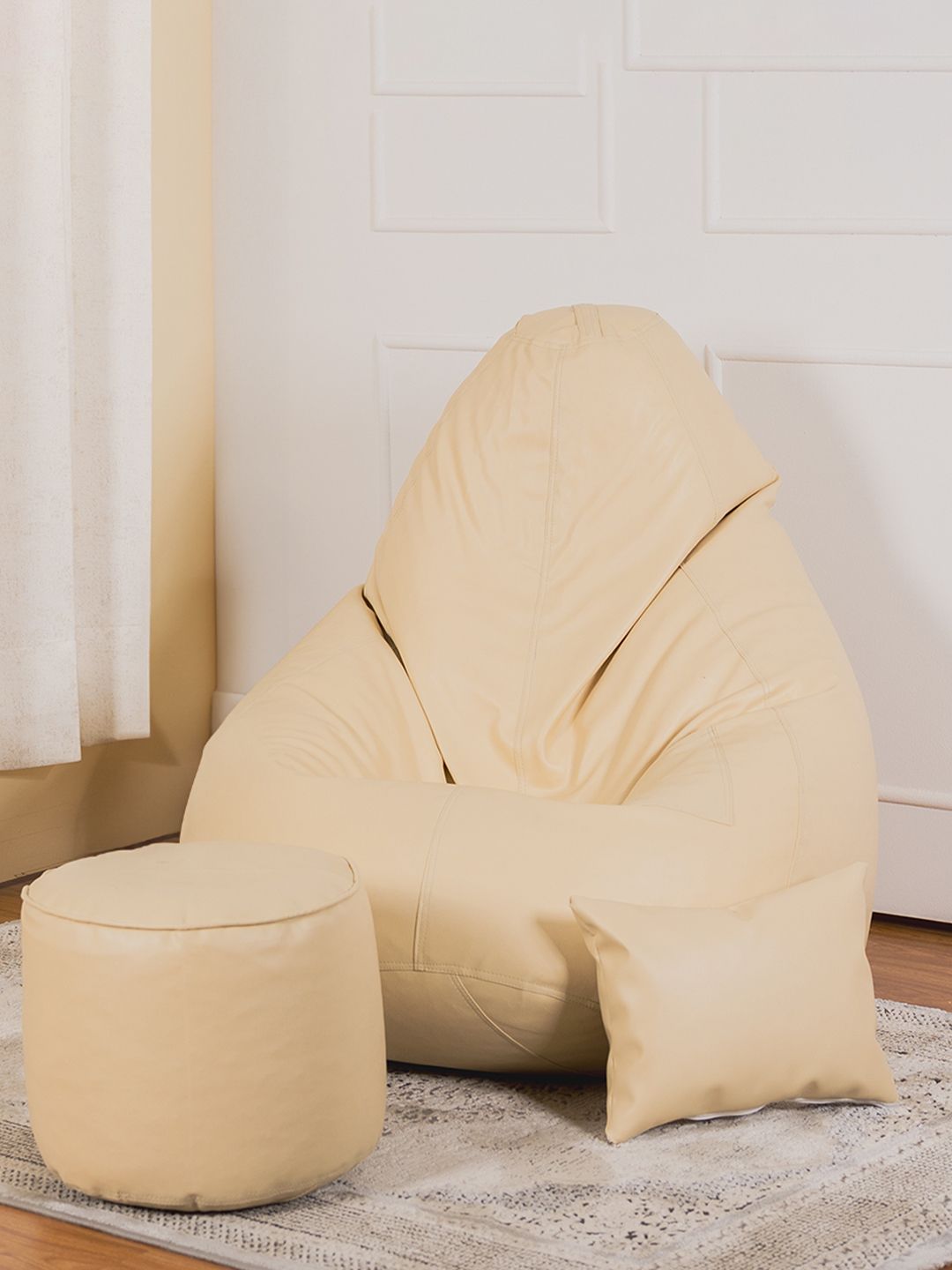 THREADVIBE LIVING Cream Colored 3 Pieces Teardrop Bean Bag With Footrest & Cushions