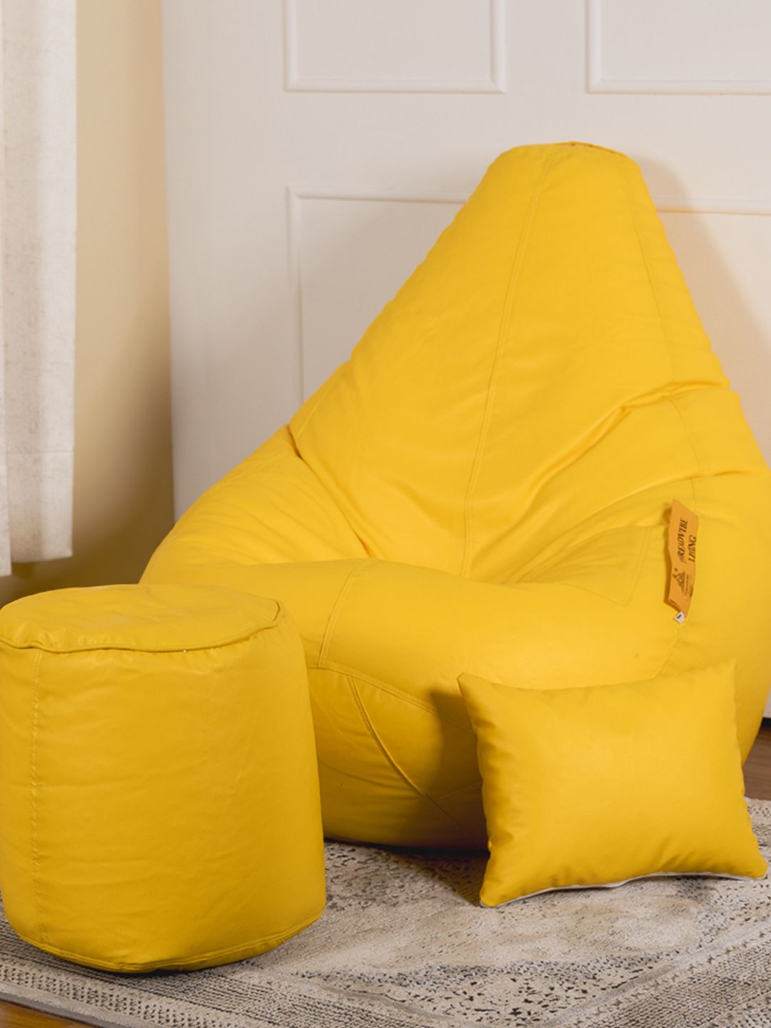 THREADVIBE LIVING Yellow 3 Pieces Teardrop Filled Bean Bag With Footrest & Cushions