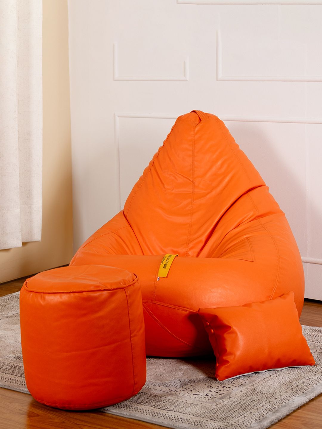 THREADVIBE LIVING Orange 3 Pieces Teardrop Filled Bean Bag With Footrest & Cushions