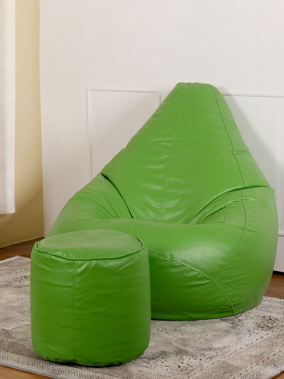 THREADVIBE LIVING Green 2 Pieces Tear Drop Bean Bag With Footrest Filled