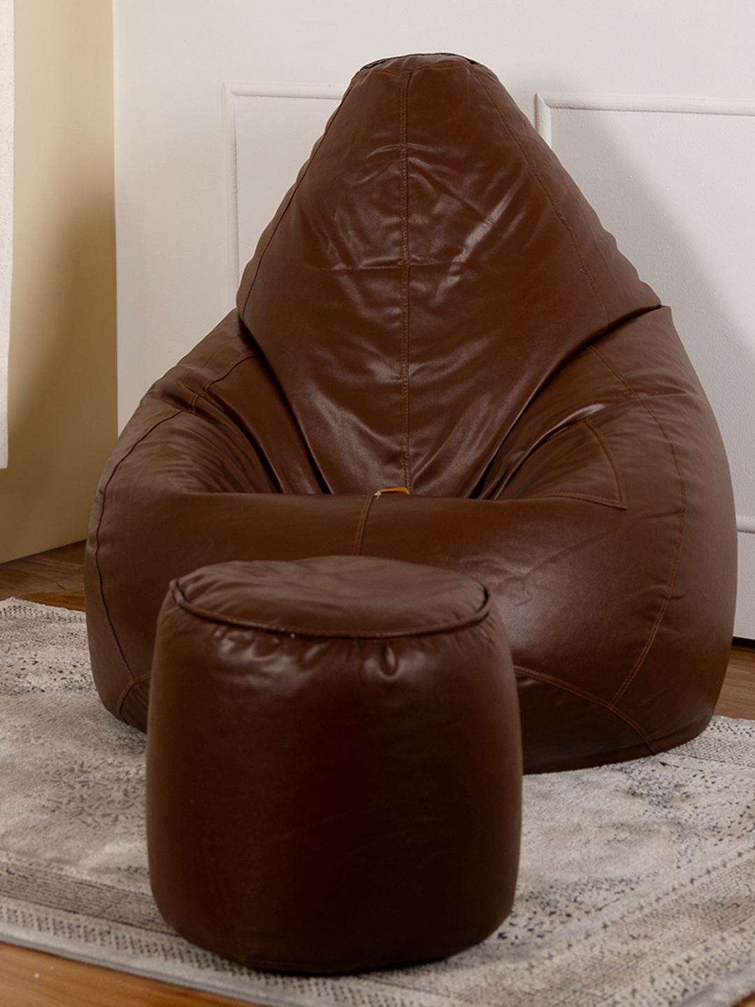 THREADVIBE LIVING Brown 2 Pieces Tear Drop Filled Bean Bag With Footrest