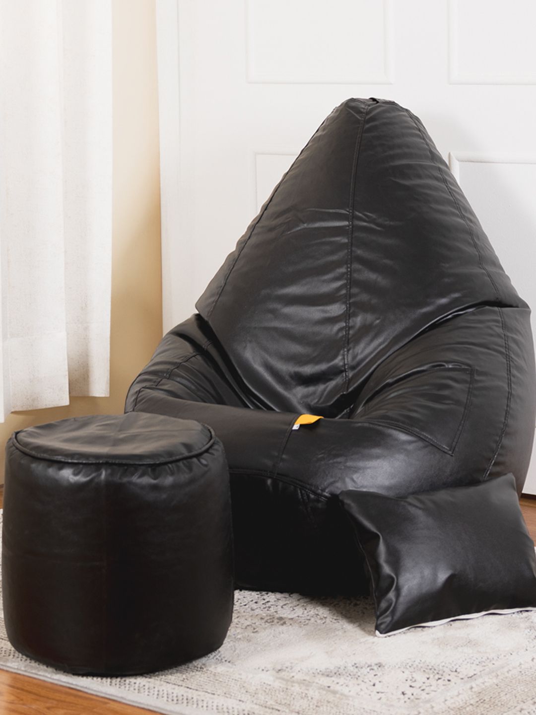 THREADVIBE LIVING Black Teardrop Filled Bean Bag With Footrest & Cushions