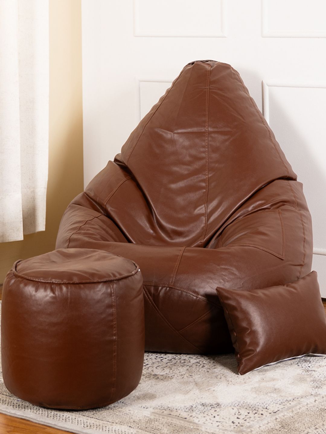 THREADVIBE LIVING Tan Brown Teardrop Filled Bean Bag With Footrest & Cushions